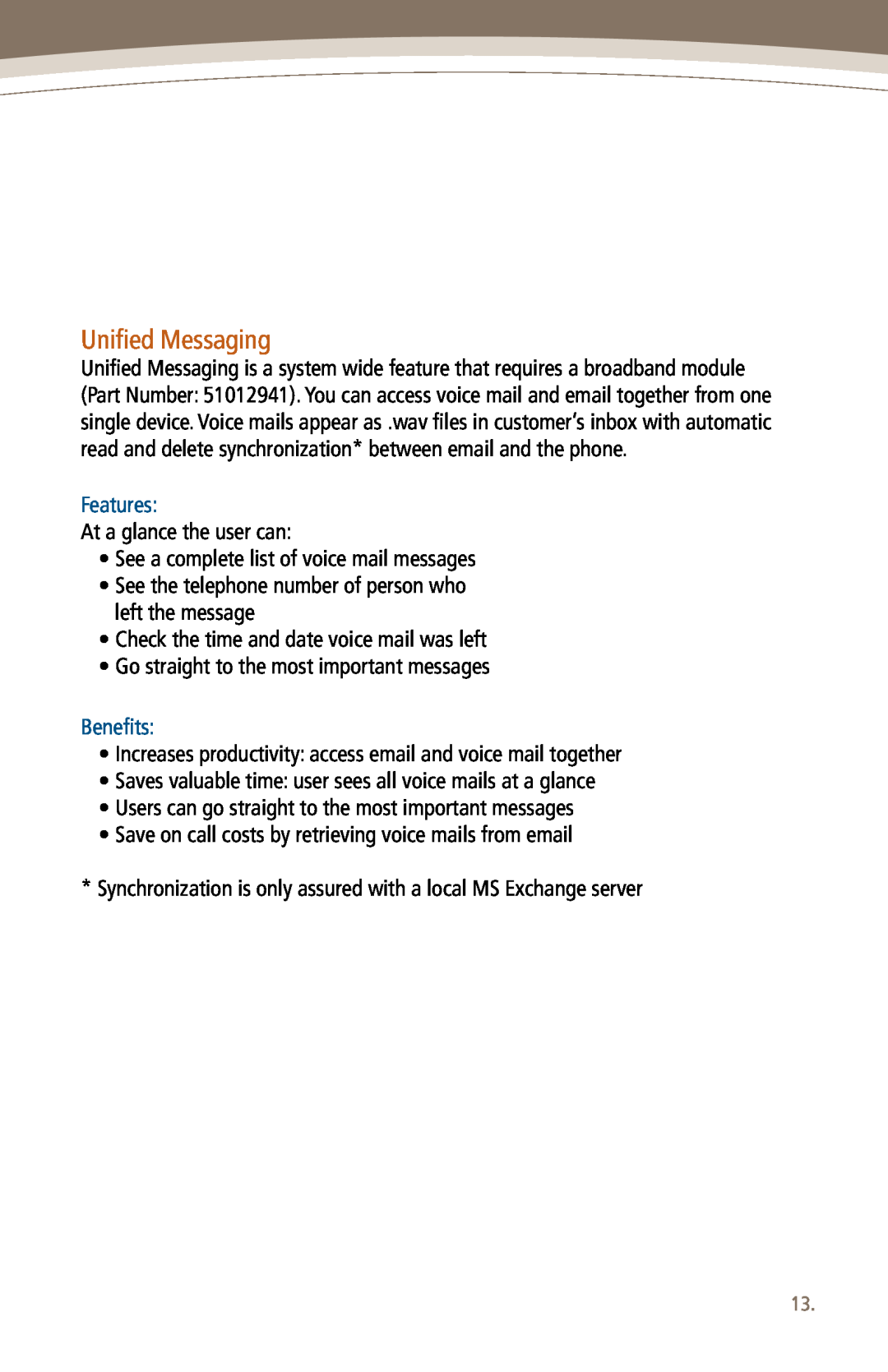 Mitel 3000 manual Unified Messaging, Features, Benefits 