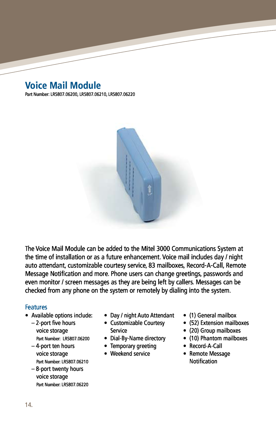 Mitel 3000 manual Voice Mail Module, Features 