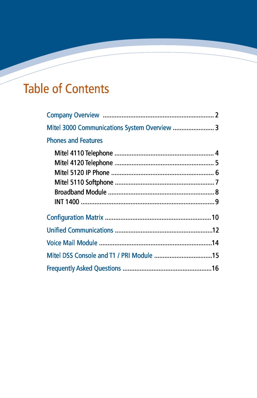 Mitel manual Table of Contents, Phones and Features, Mitel 3000 Communications System Overview 