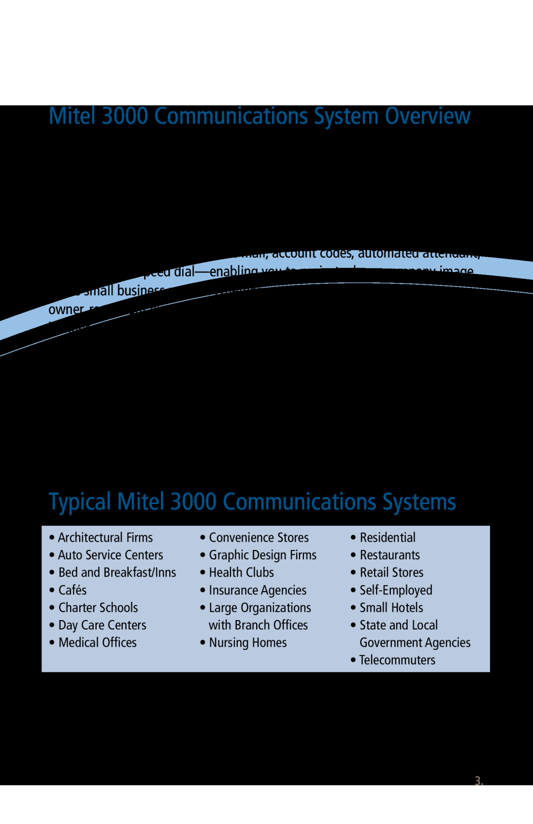 Mitel manual Typical Mitel 3000 Communications Systems, Mitel 3000 Communications System Overview 