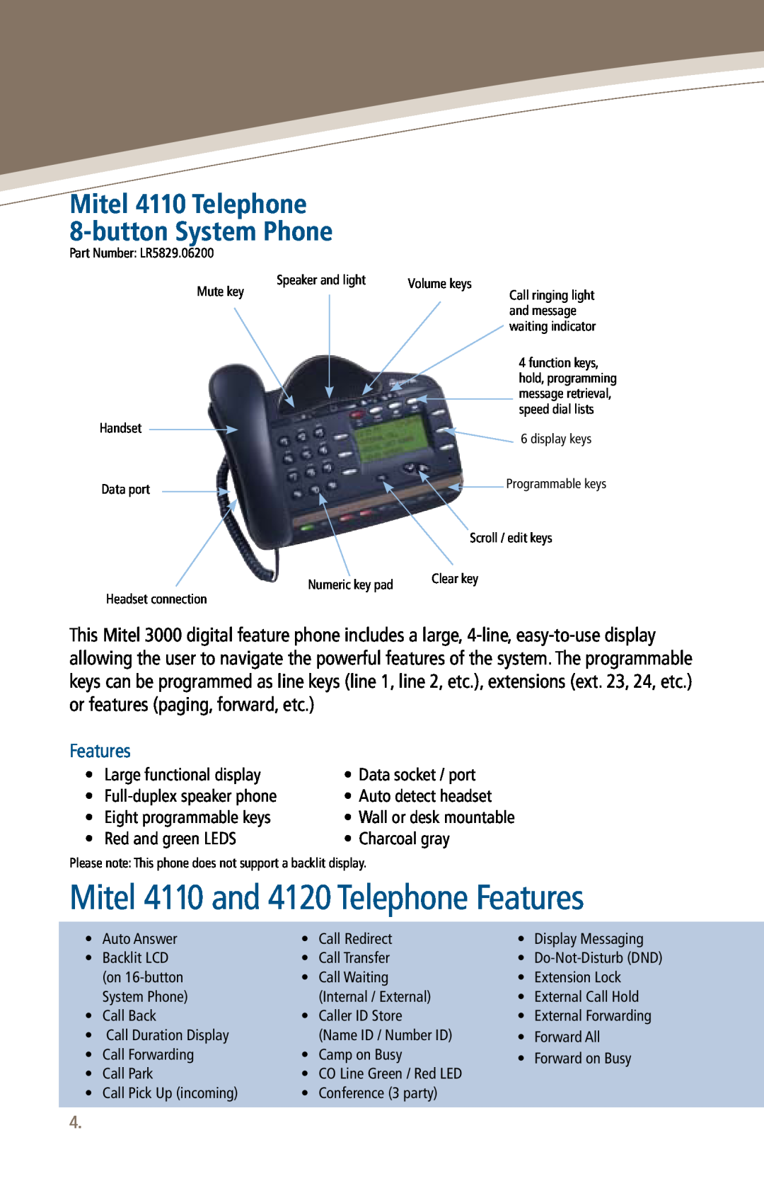 Mitel 3000 manual Mitel 4110 and 4120 Telephone Features, Mitel 4110 Telephone 8-button System Phone, Phones and Features 