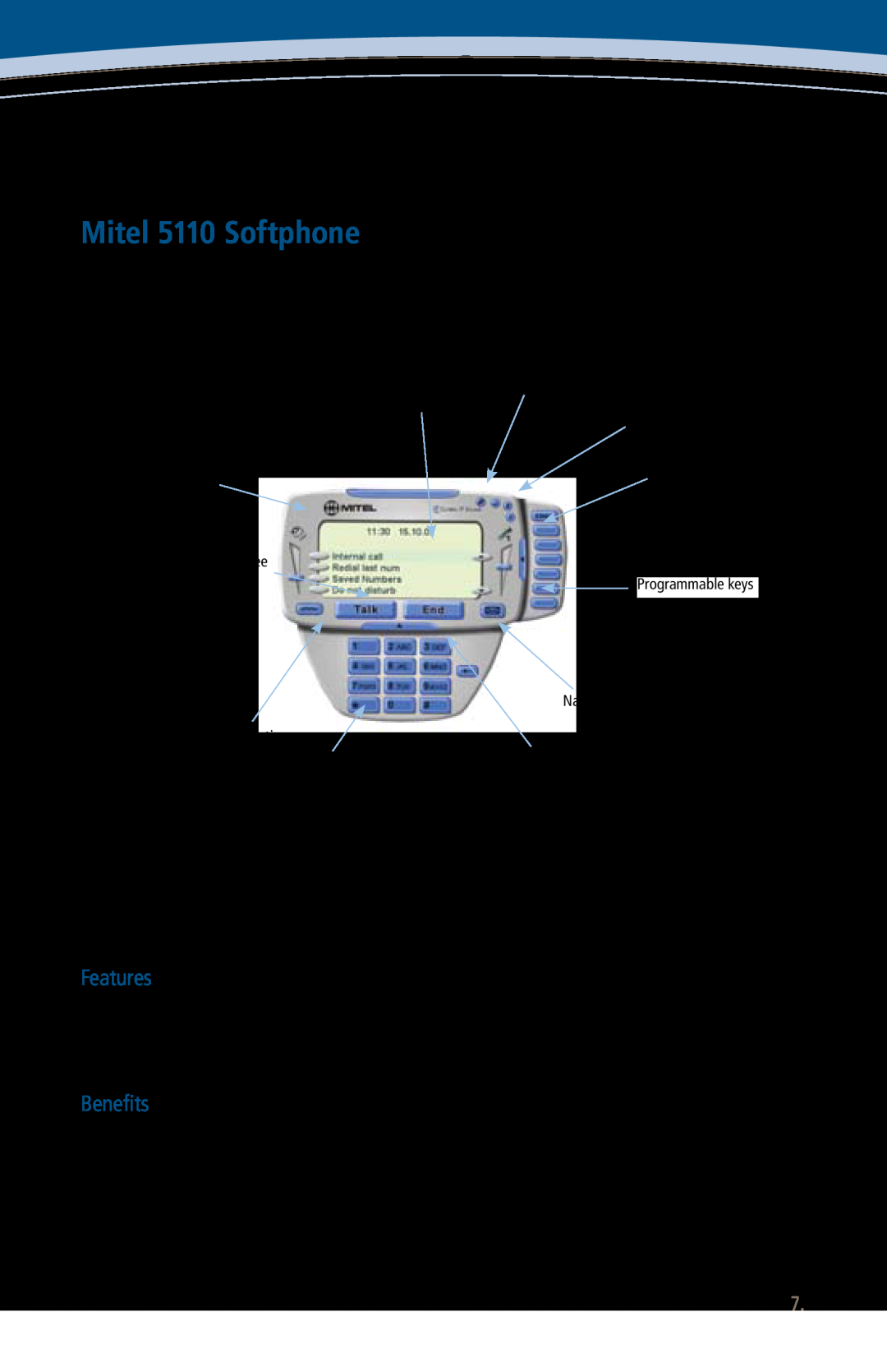 Mitel Mitel 5110 Softphone, Features, Menu-driven user-interface similar to the Mitel 3000 system phones, Benefits 