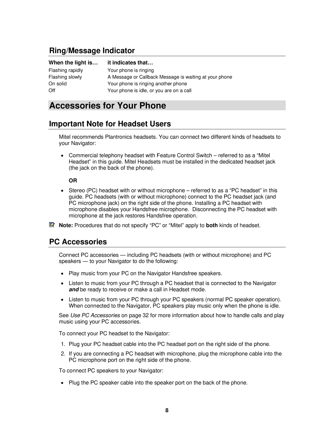 Mitel 3300 ICP manual Accessories for Your Phone, Ring/Message Indicator, Important Note for Headset Users, PC Accessories 