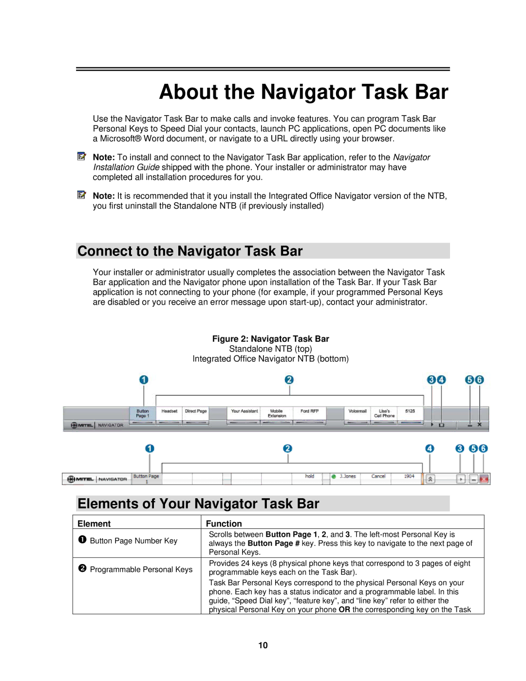 Mitel 3300 ICP manual About the Navigator Task Bar, Connect to the Navigator Task Bar, Elements of Your Navigator Task Bar 