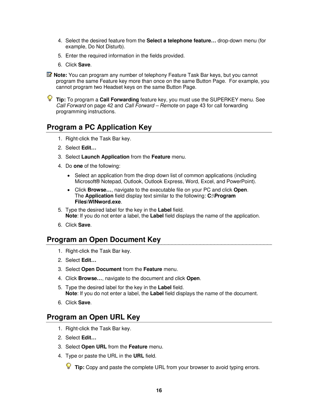 Mitel 3300 ICP manual Program a PC Application Key, Program an Open Document Key, Program an Open URL Key 