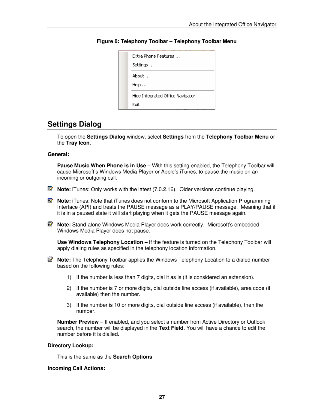 Mitel 3300 ICP manual Settings Dialog, Directory Lookup, Incoming Call Actions 