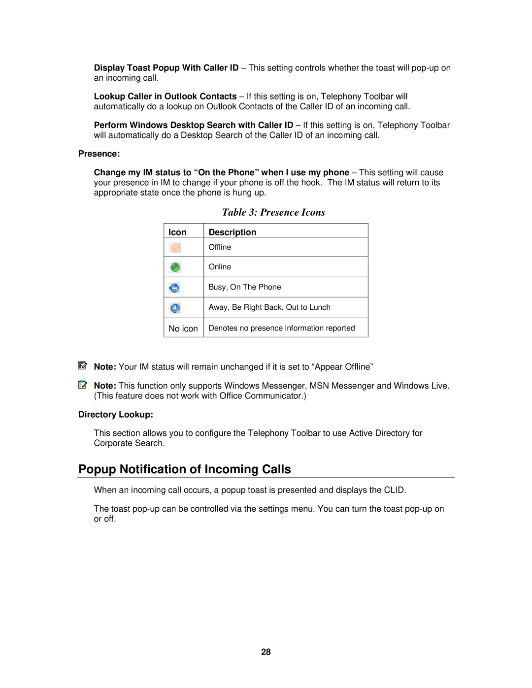 Mitel 3300 ICP manual Popup Notification of Incoming Calls, Icon Description 