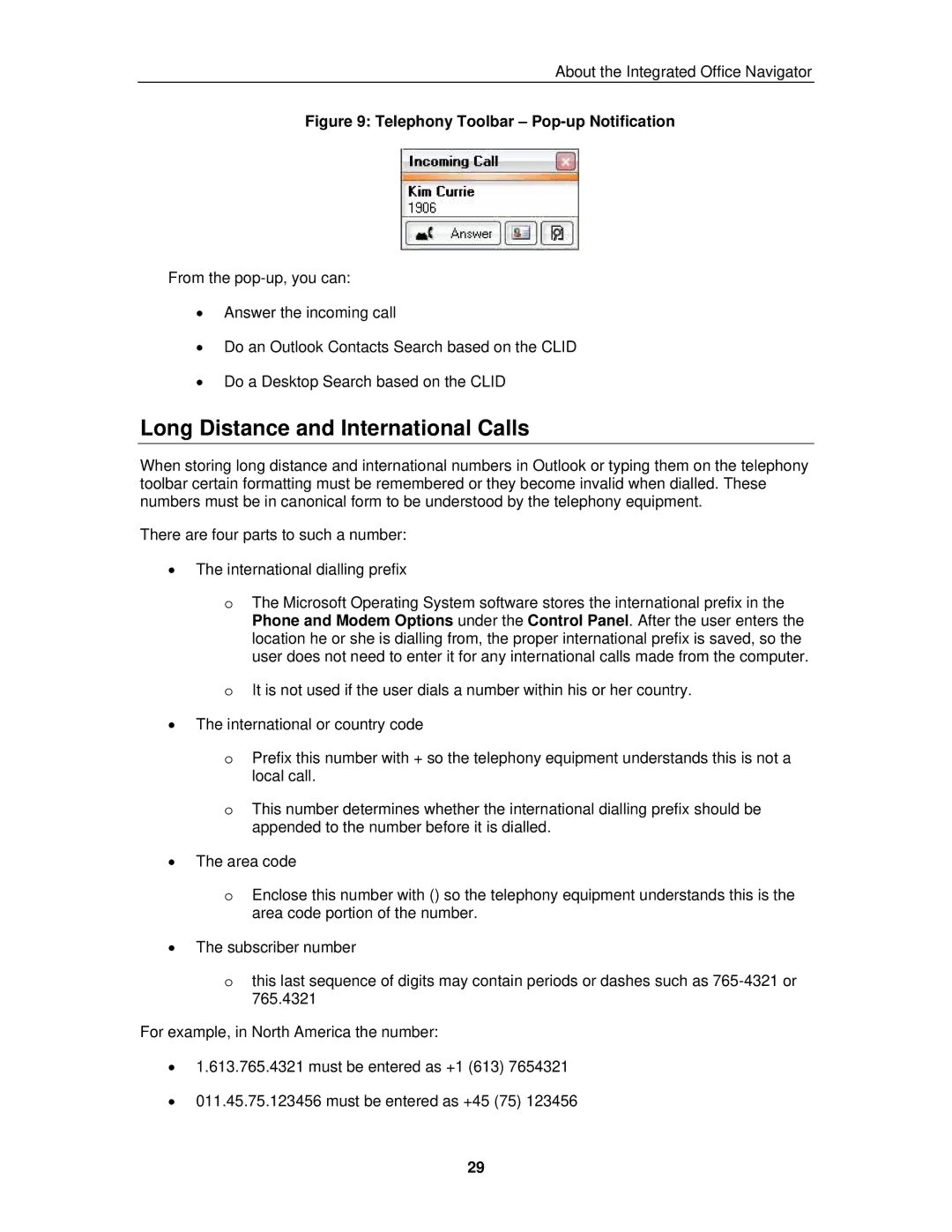 Mitel 3300 ICP manual Long Distance and International Calls, Telephony Toolbar Pop-up Notification 