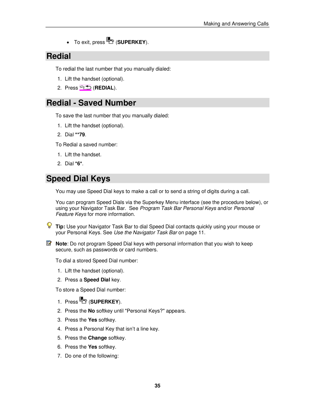 Mitel 3300 ICP manual Redial Saved Number, Speed Dial Keys 