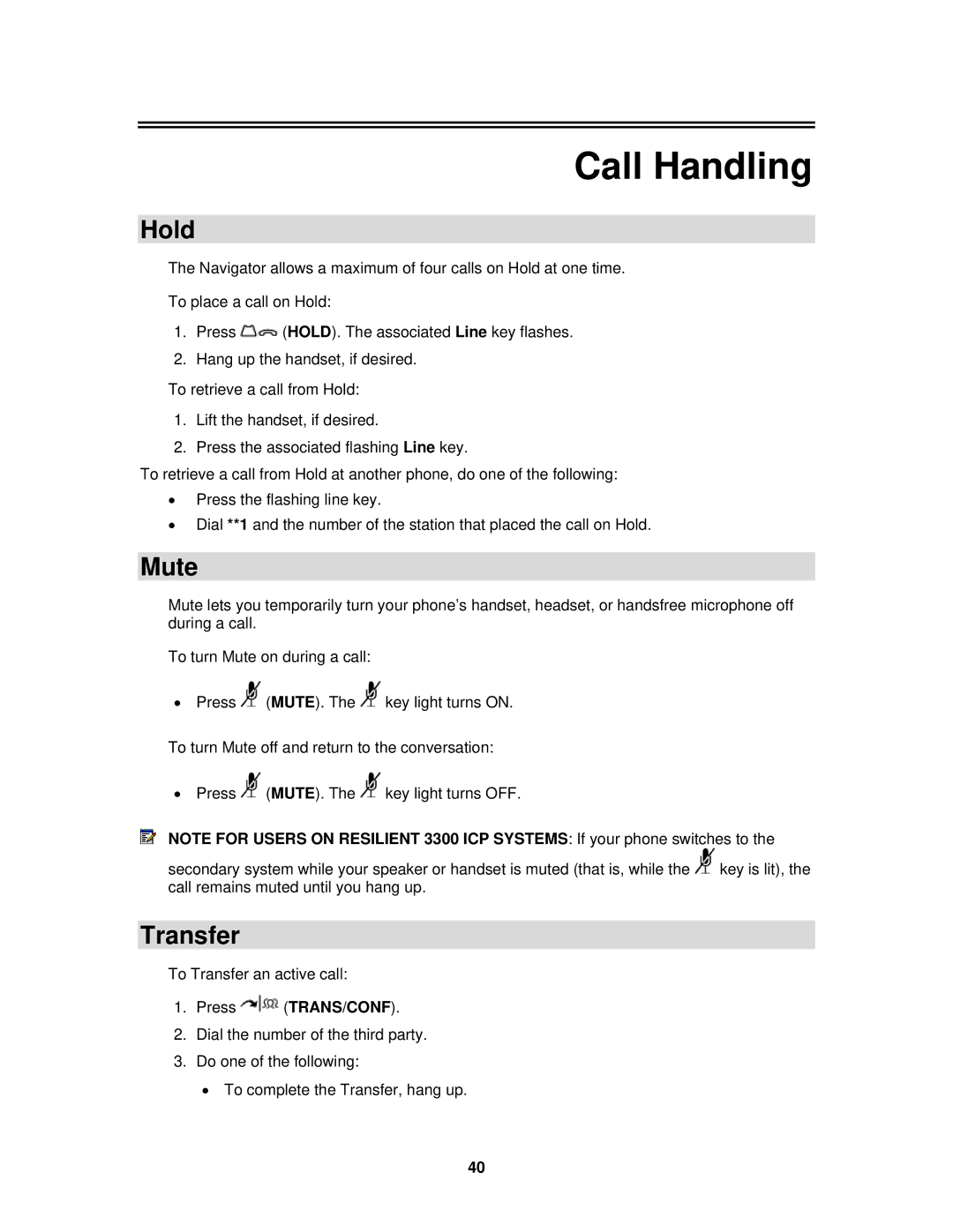 Mitel 3300 ICP manual Call Handling, Hold, Mute, Transfer 