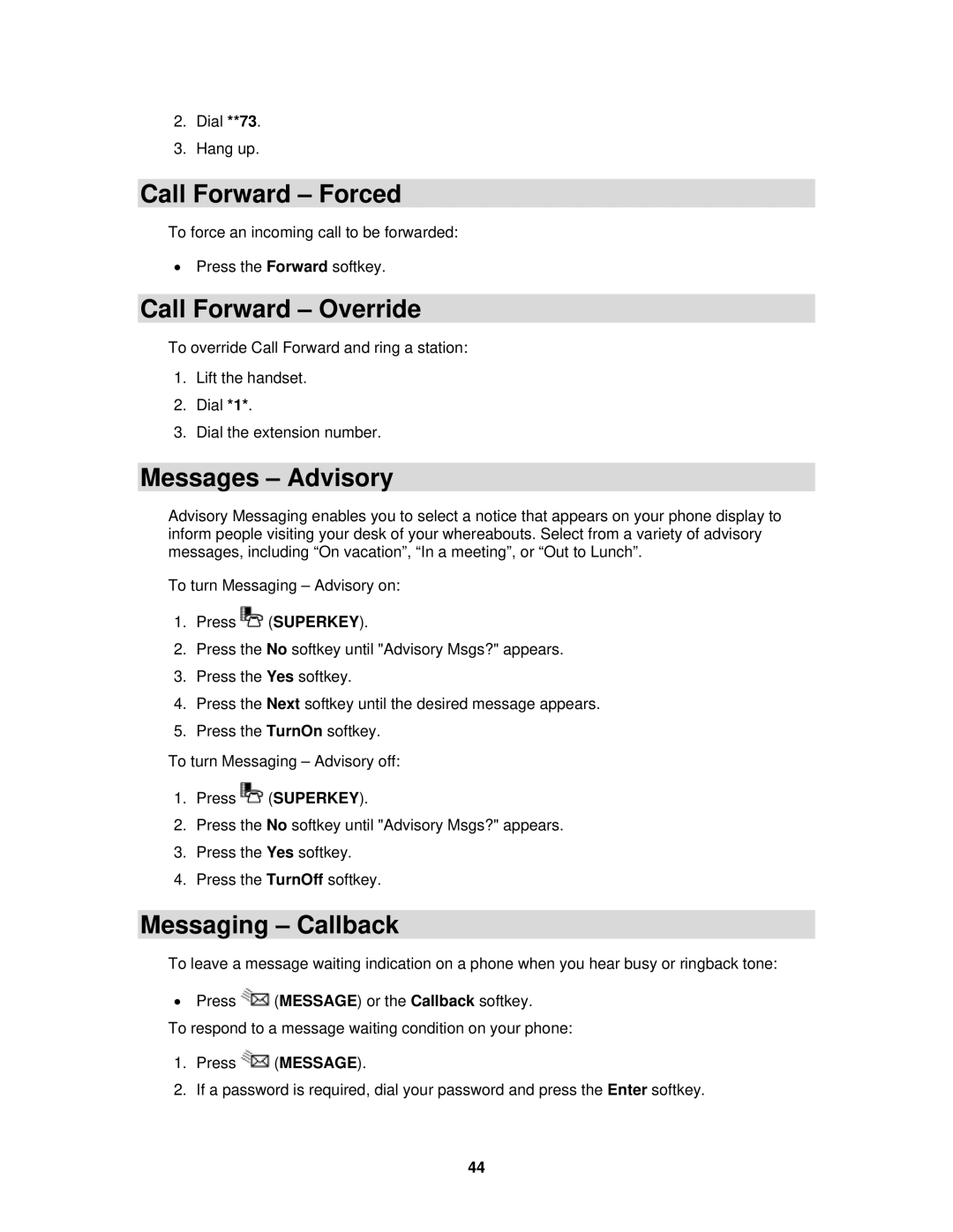 Mitel 3300 ICP manual Call Forward Forced, Call Forward Override, Messages Advisory, Messaging Callback 