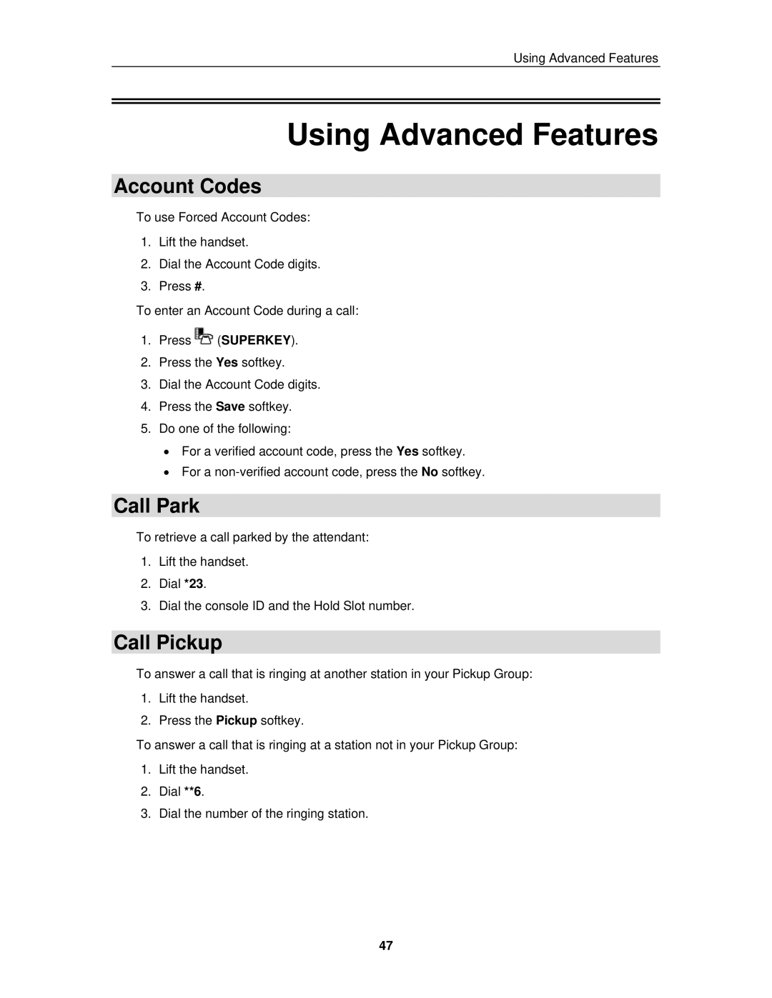 Mitel 3300 ICP manual Using Advanced Features, Account Codes, Call Park, Call Pickup 