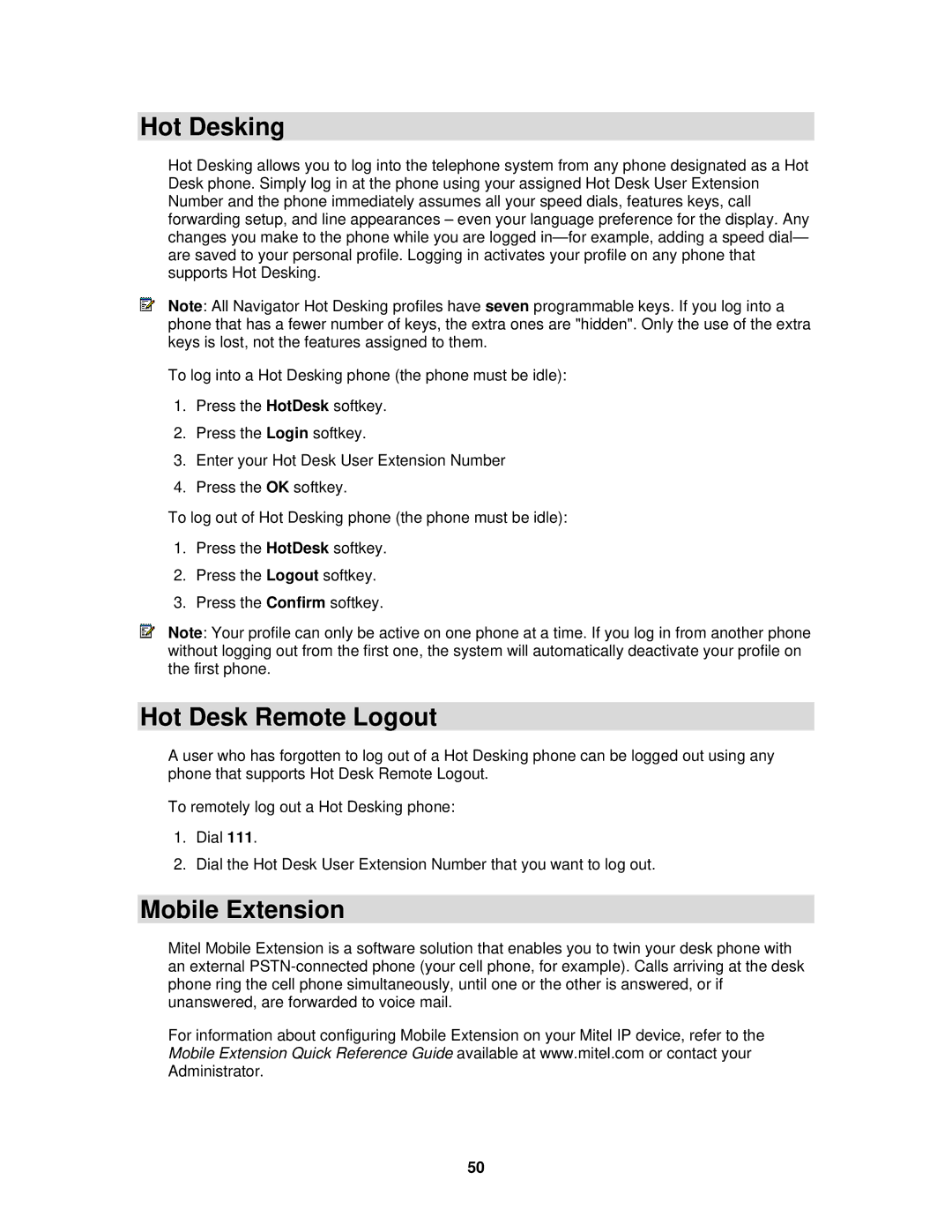 Mitel 3300 ICP manual Hot Desking, Hot Desk Remote Logout, Mobile Extension 