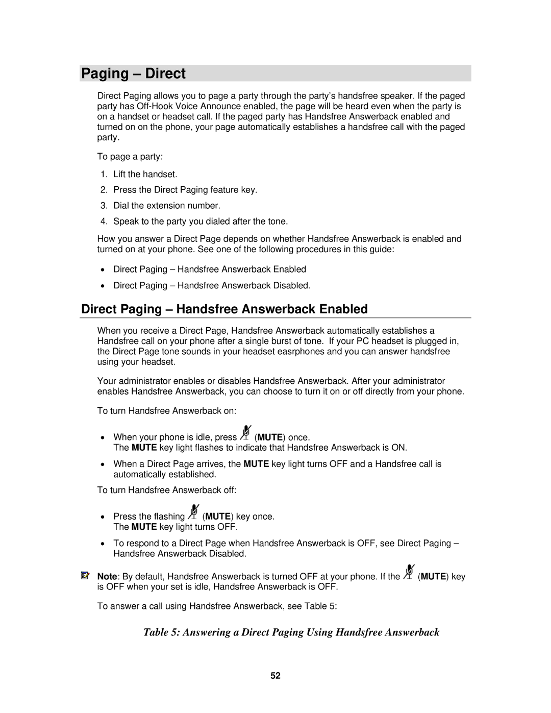 Mitel 3300 ICP manual Paging Direct, Direct Paging Handsfree Answerback Enabled 