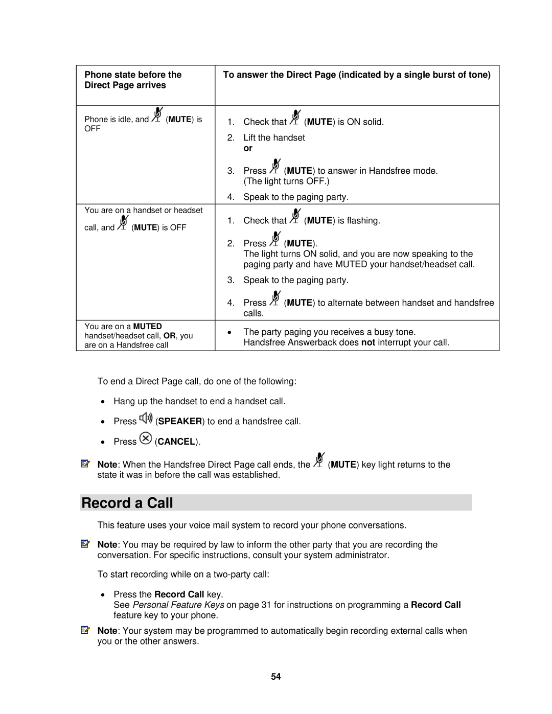 Mitel 3300 ICP manual Record a Call, Phone state before the Direct Page arrives 