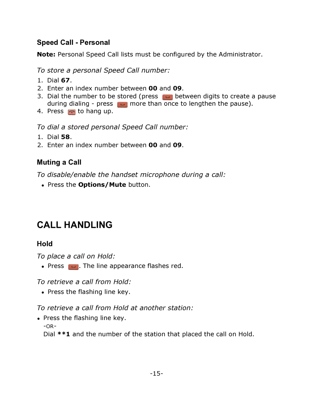 Mitel 3300, T7406 manual Call Handling, Speed Call Personal, Muting a Call, Hold 