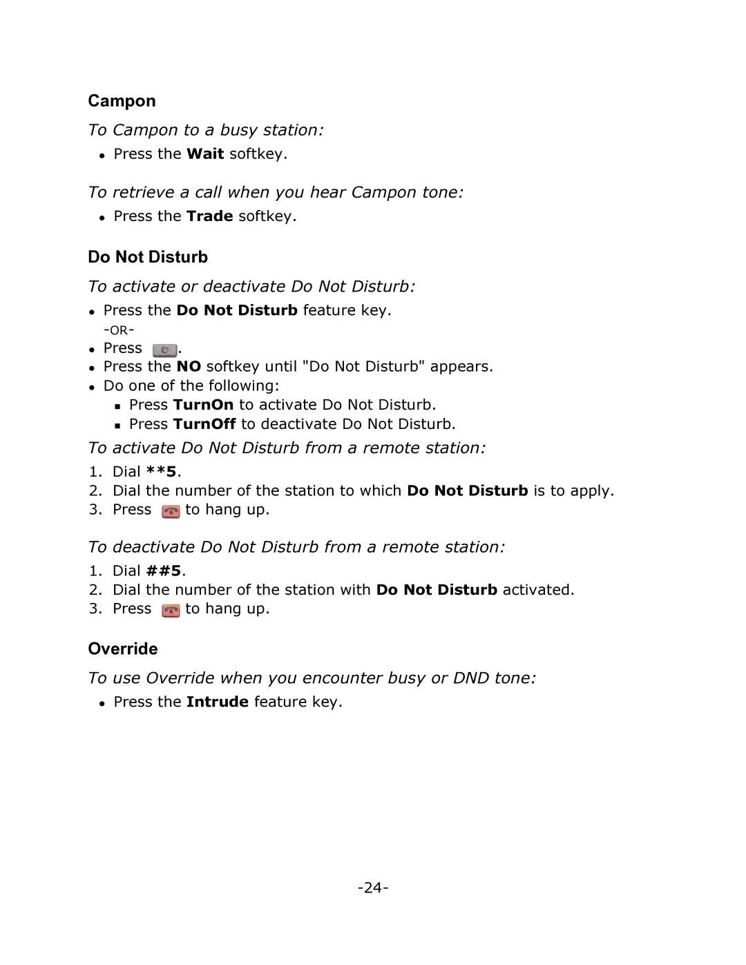 Mitel T7406, 3300 manual Campon, Do Not Disturb, Override 