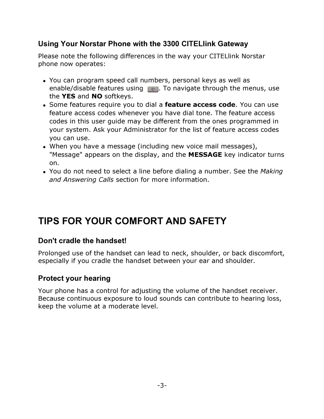 Mitel Tips for Your Comfort and Safety, Using Your Norstar Phone with the 3300 CITELlink Gateway, Protect your hearing 