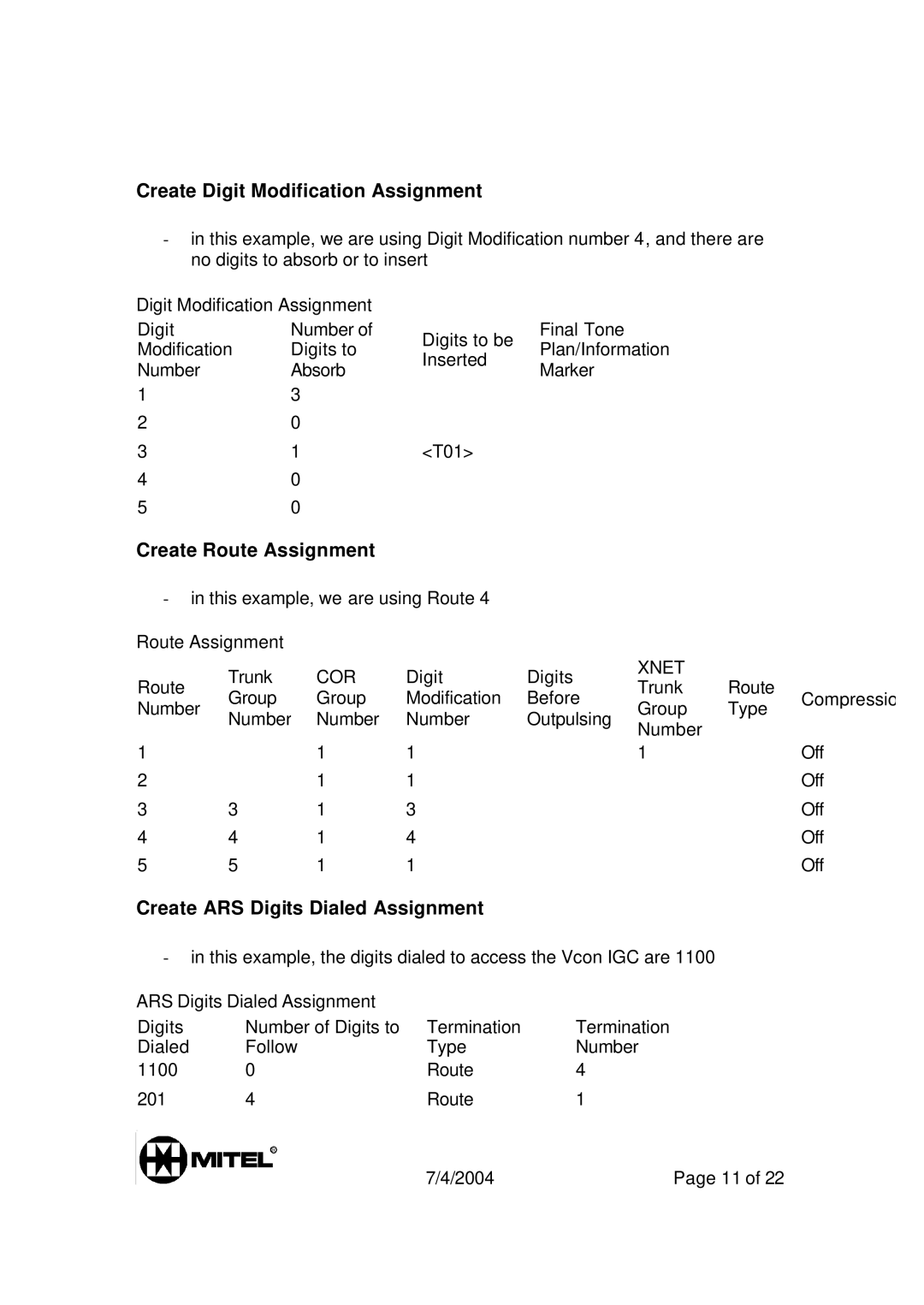 Mitel 3300 manual Create Digit Modification Assignment, Create Route Assignment, Create ARS Digits Dialed Assignment 