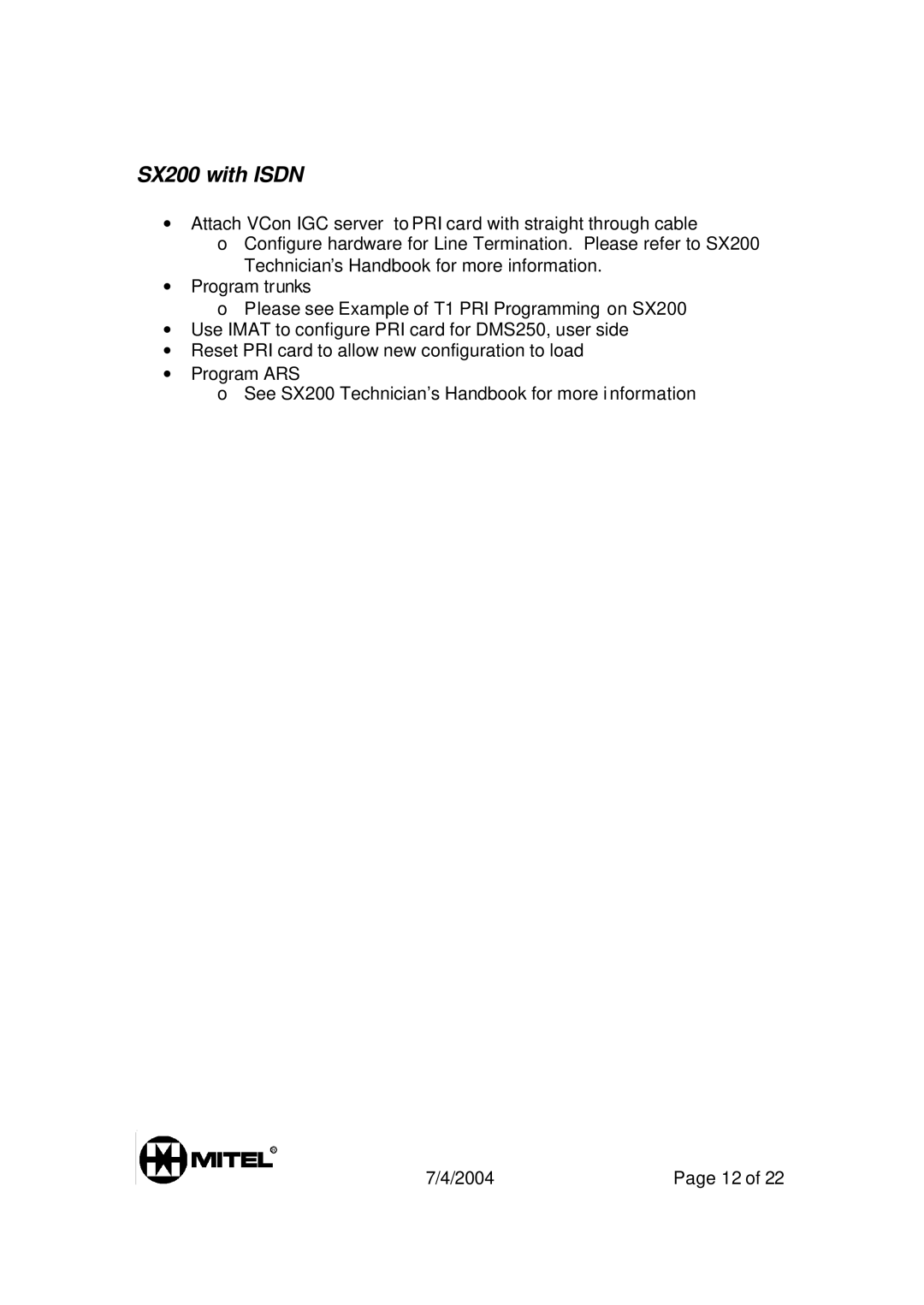 Mitel 3300 manual SX200 with Isdn 