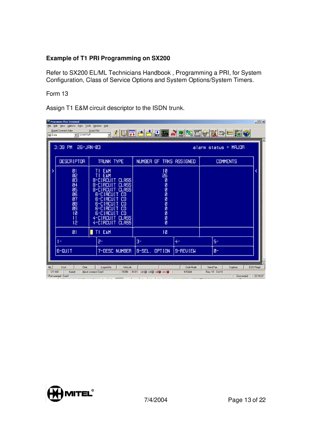 Mitel 3300 manual Example of T1 PRI Programming on SX200 