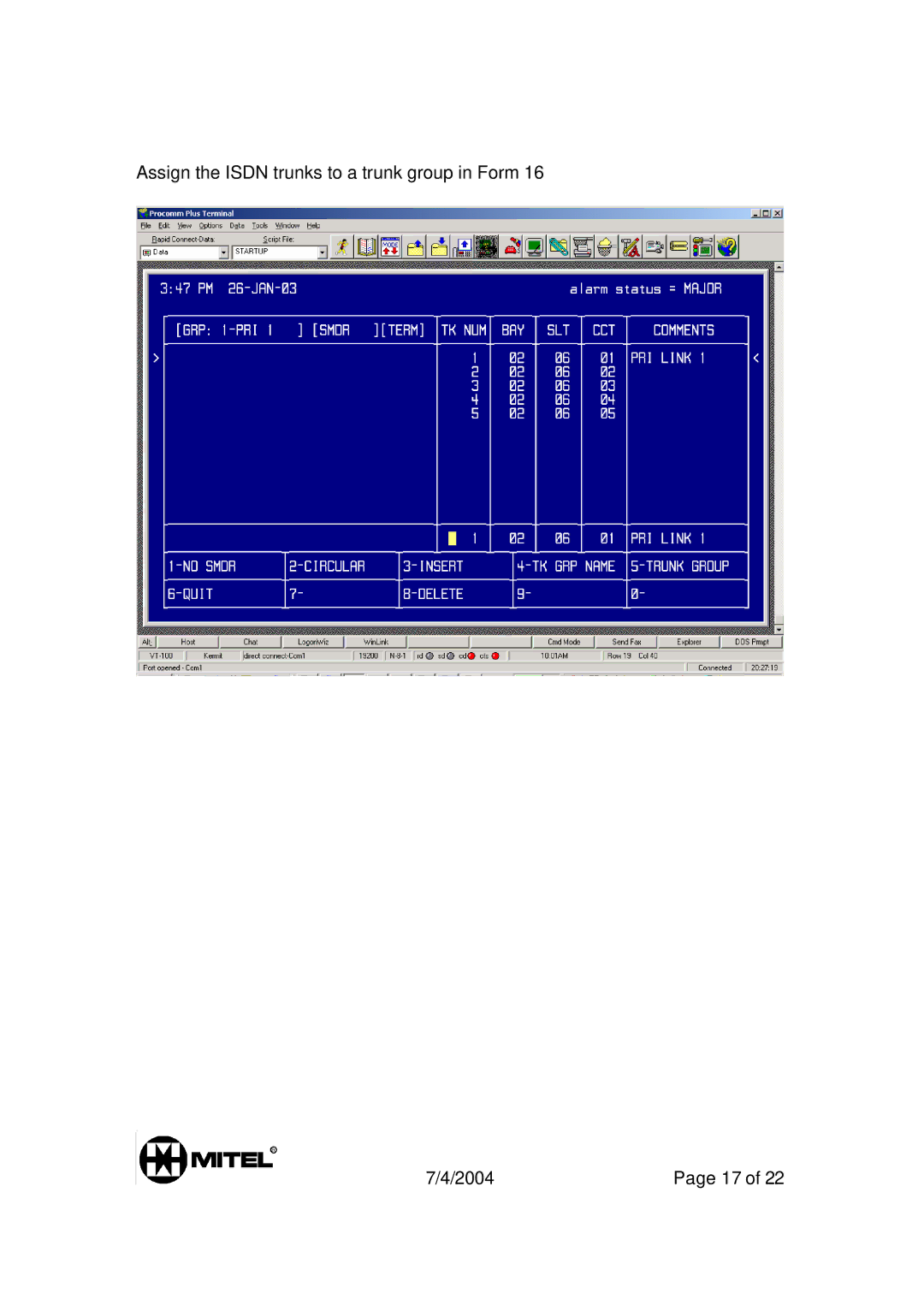 Mitel 3300 manual Assign the Isdn trunks to a trunk group in Form 