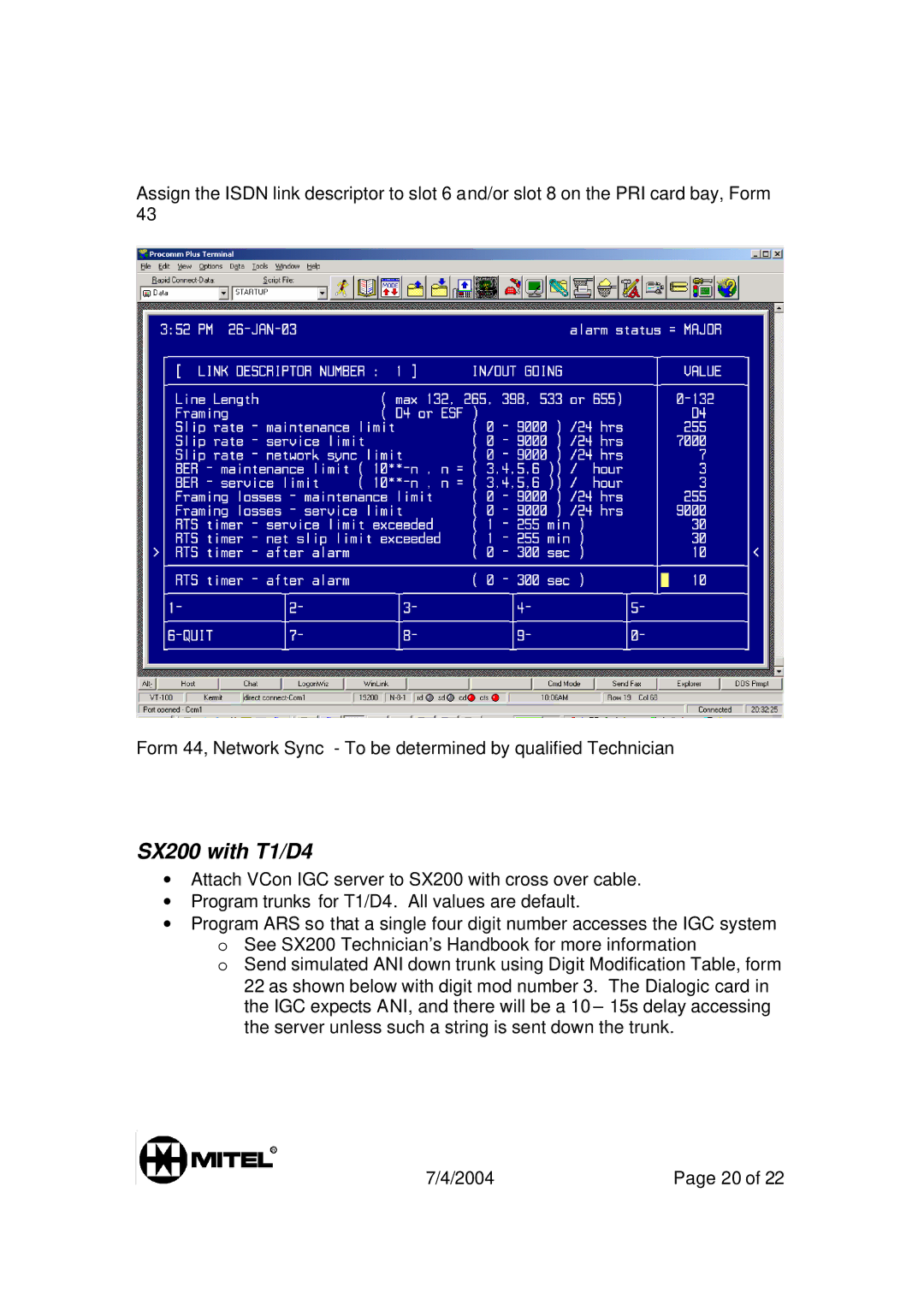 Mitel 3300 manual SX200 with T1/D4 