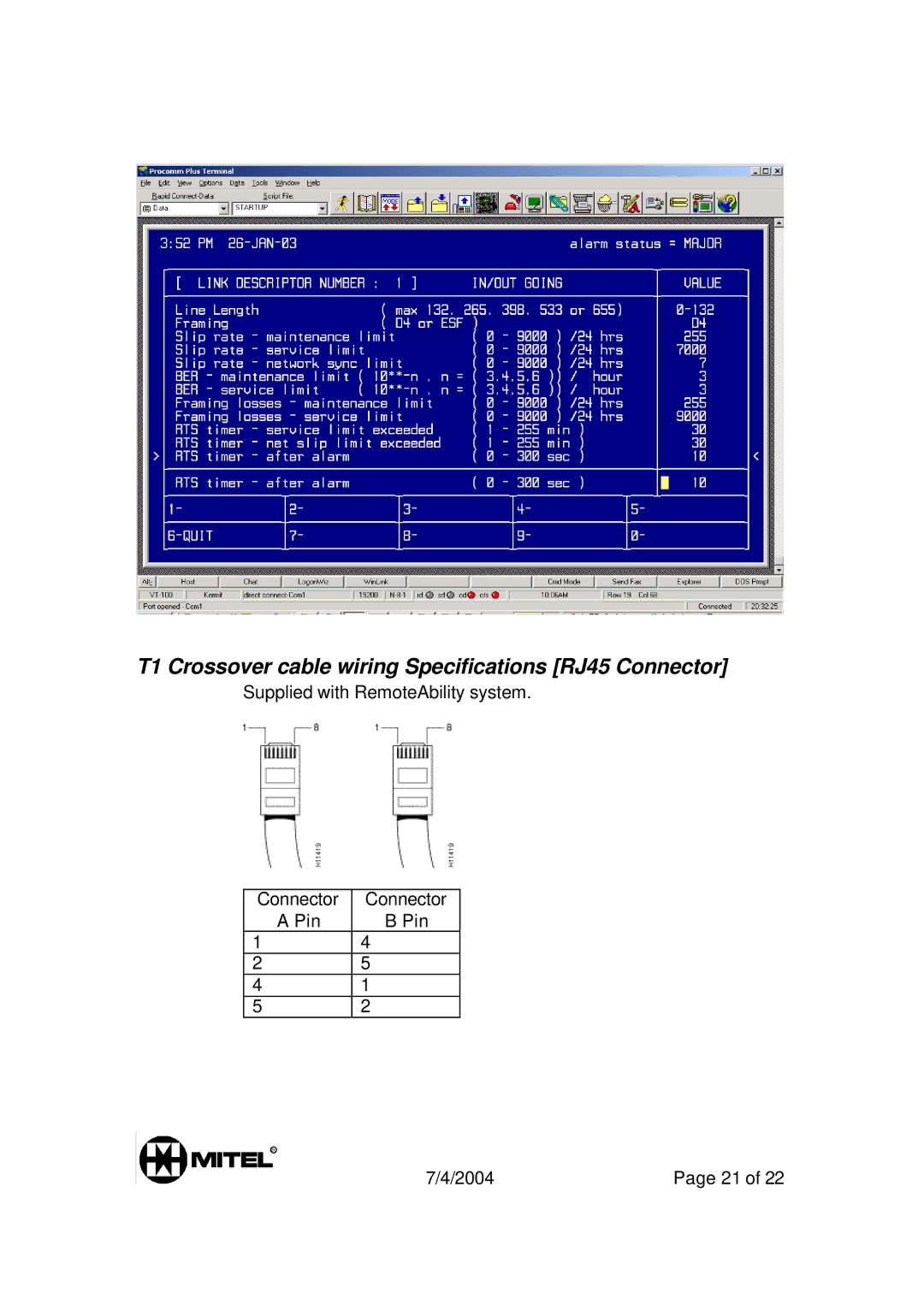 Mitel 3300 manual T1 Crossover cable wiring Specifications RJ45 Connector 