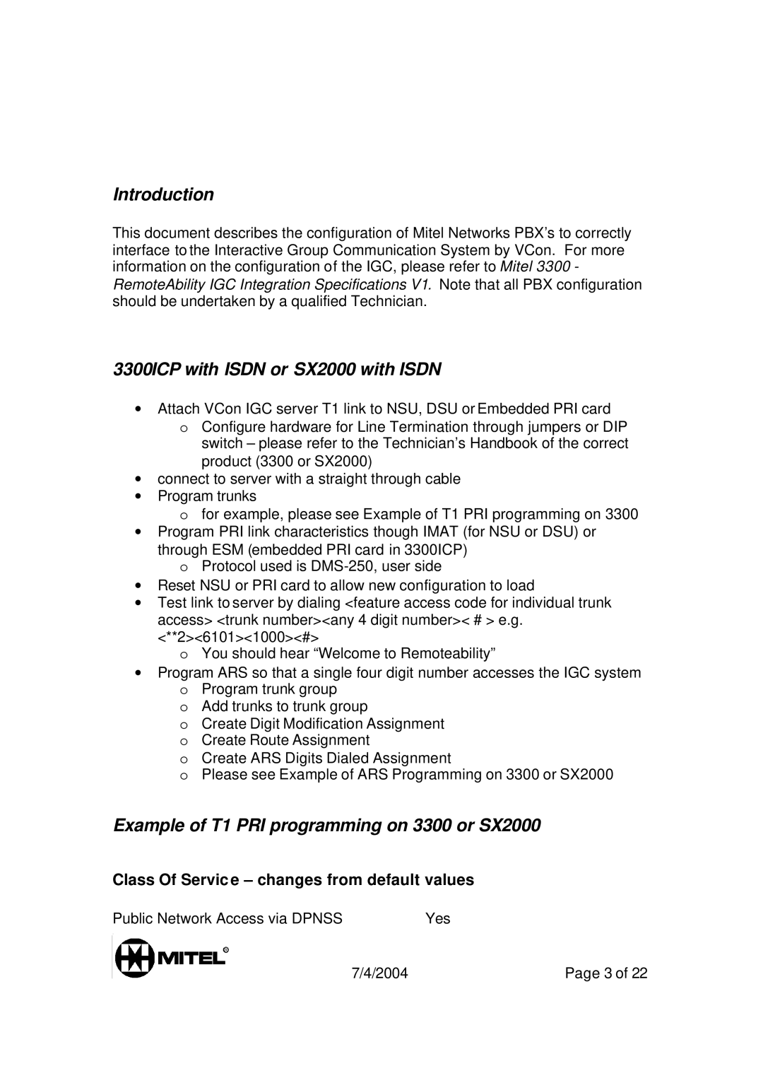 Mitel manual Introduction, 3300ICP with Isdn or SX2000 with Isdn, Example of T1 PRI programming on 3300 or SX2000 