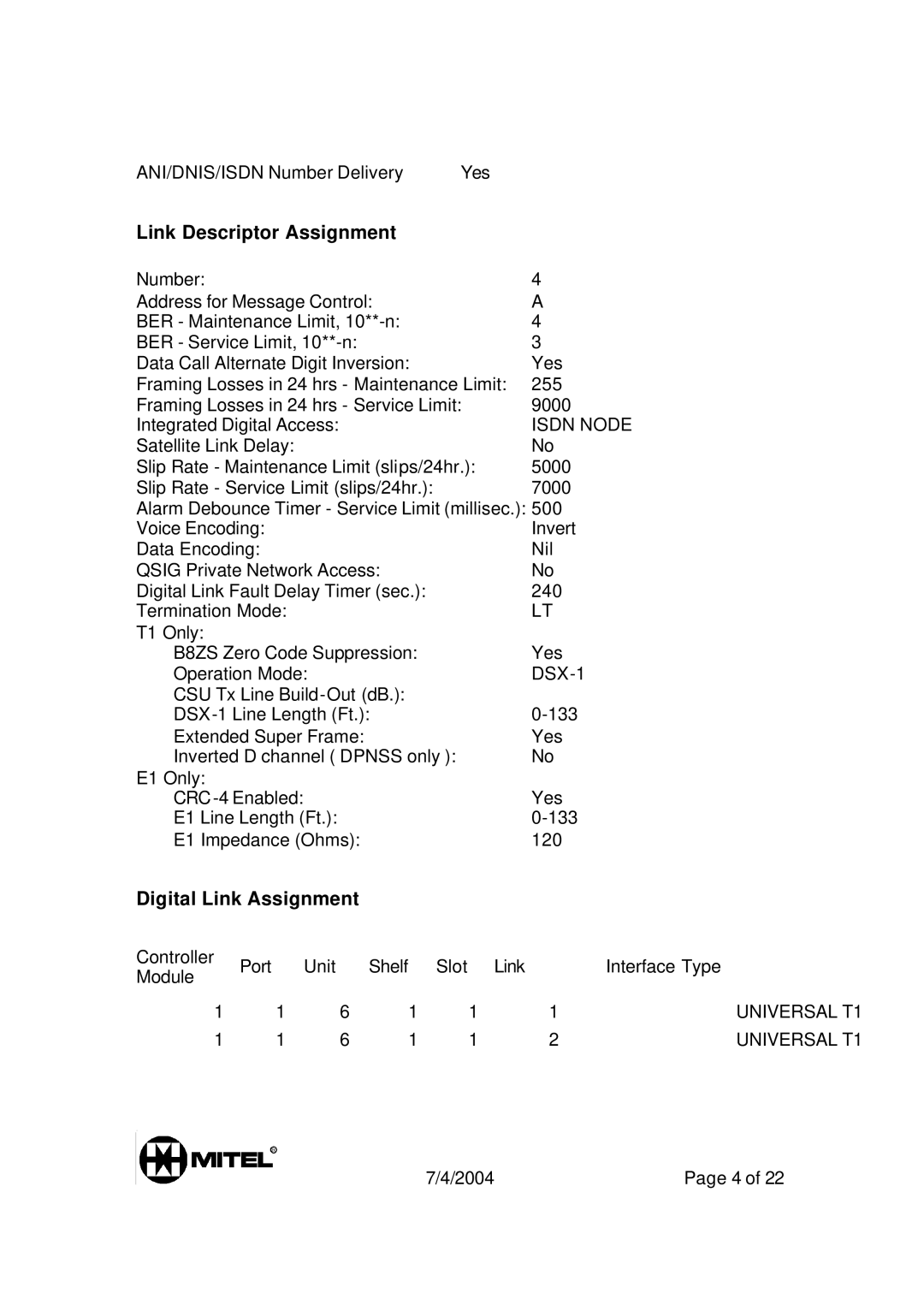 Mitel 3300 manual Link Descriptor Assignment, Digital Link Assignment 