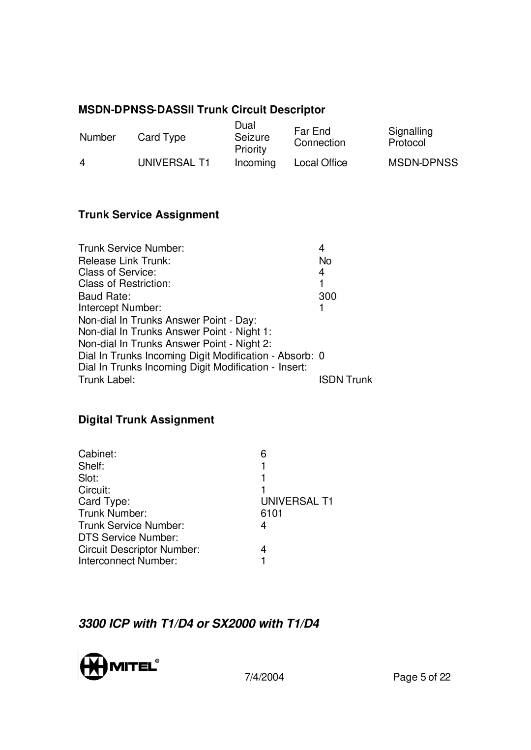 Mitel 3300 manual ICP with T1/D4 or SX2000 with T1/D4, MSDN-DPNSS-DASSII Trunk Circuit Descriptor, Trunk Service Assignment 