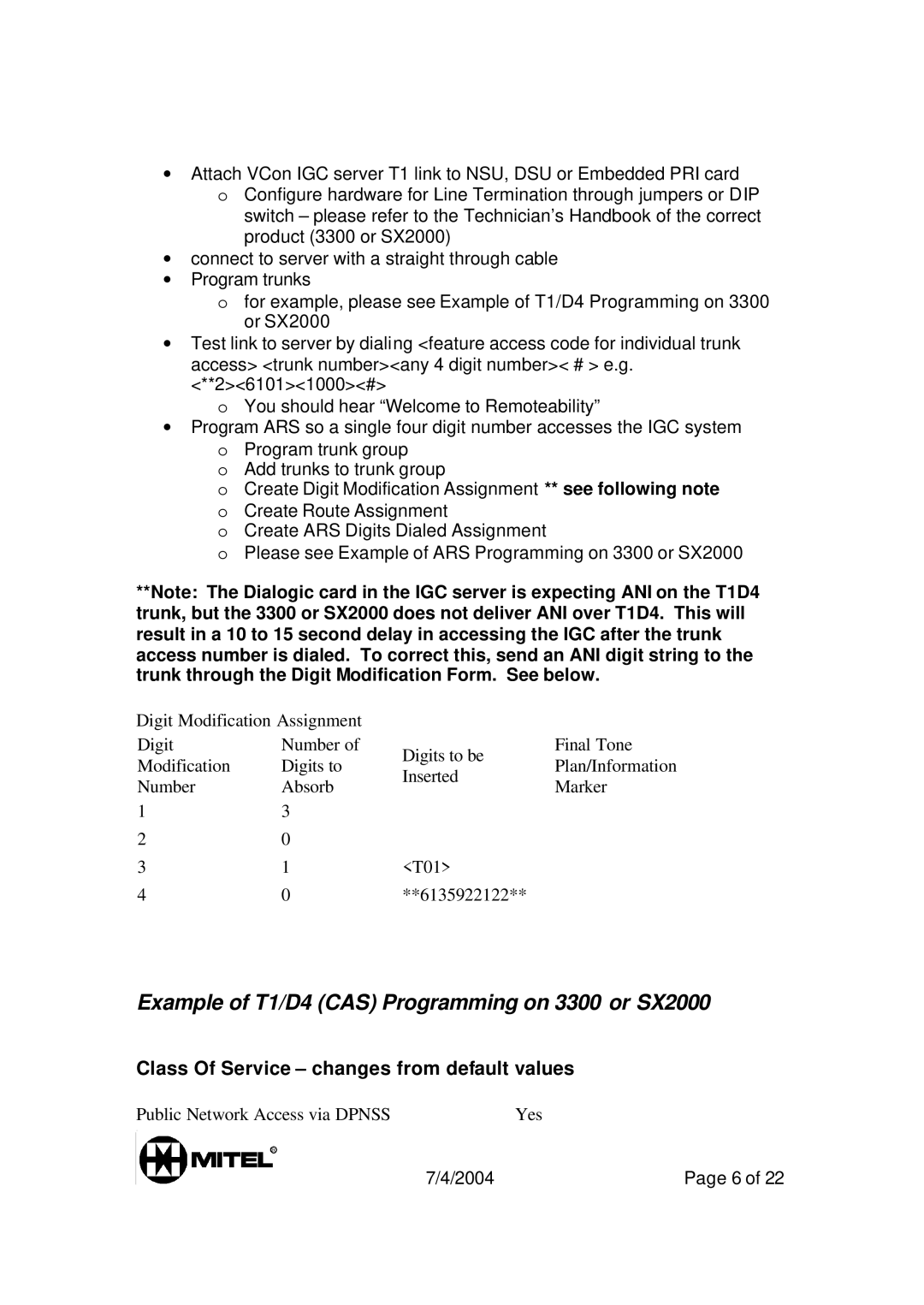 Mitel manual Example of T1/D4 CAS Programming on 3300 or SX2000, Class Of Service changes from default values 