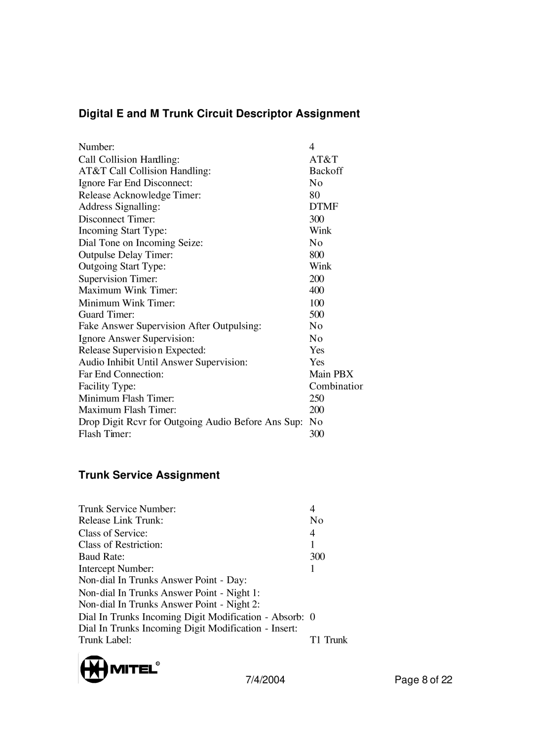 Mitel 3300 manual Digital E and M Trunk Circuit Descriptor Assignment, At&T 