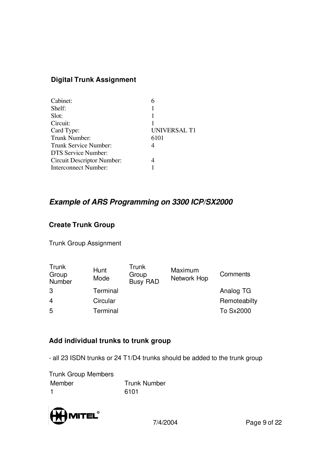Mitel manual Example of ARS Programming on 3300 ICP/SX2000, Create Trunk Group, Add individual trunks to trunk group 