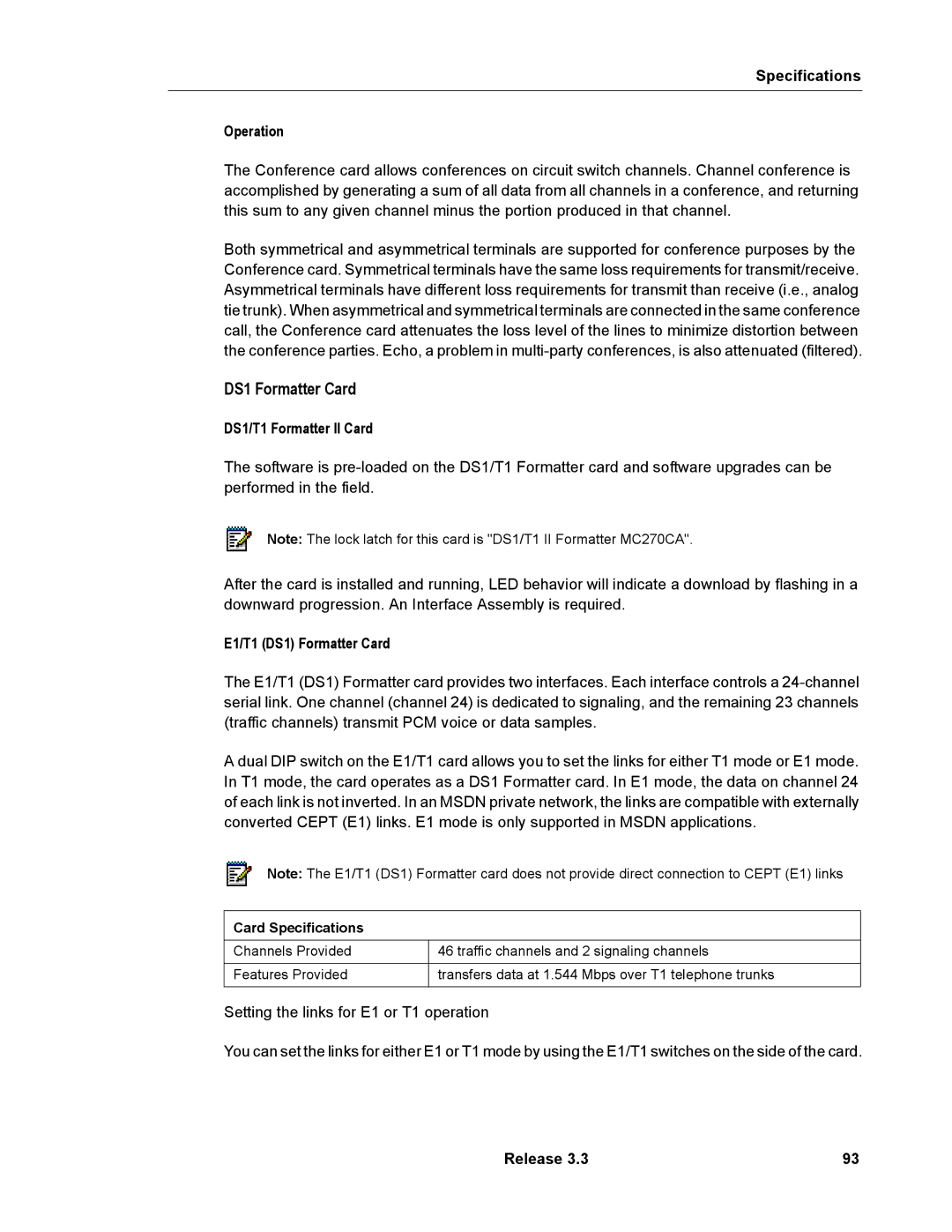 Mitel 3300 manual Specifications Operation, DS1/T1 Formatter II Card, E1/T1 DS1 Formatter Card, Card Specifications 