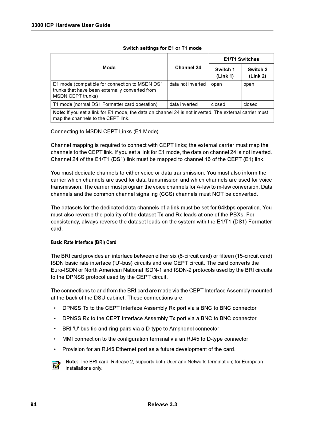 Mitel 3300 manual Basic Rate Interface BRI Card, Link 