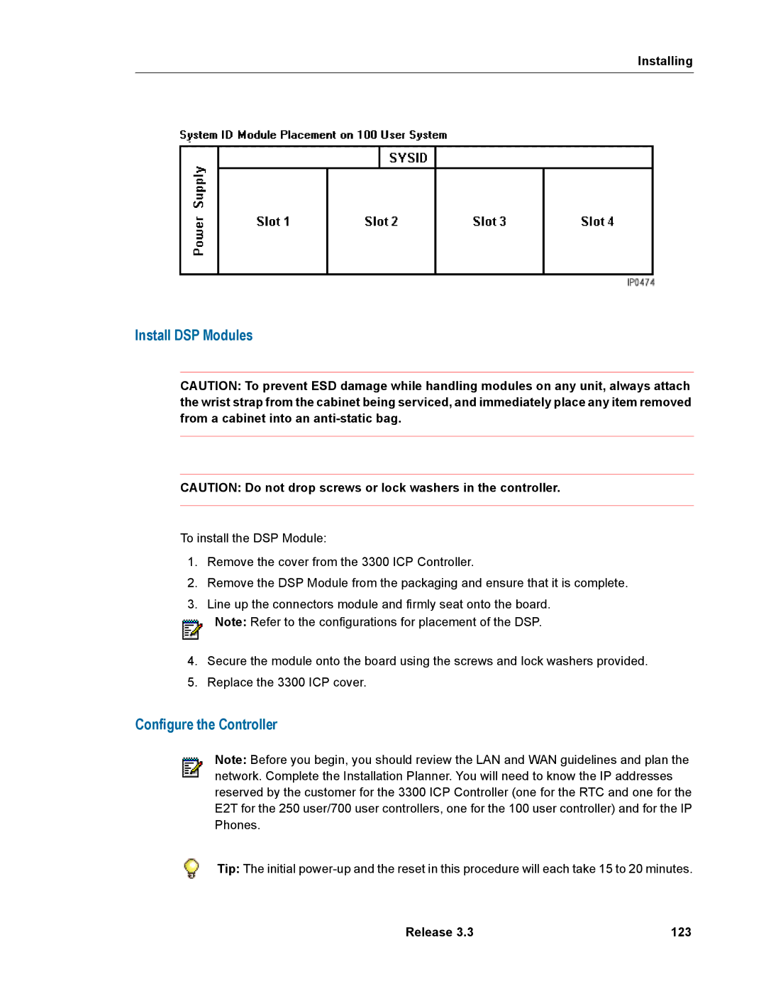 Mitel 3300 manual Install DSP Modules, Configure the Controller, Release 123 