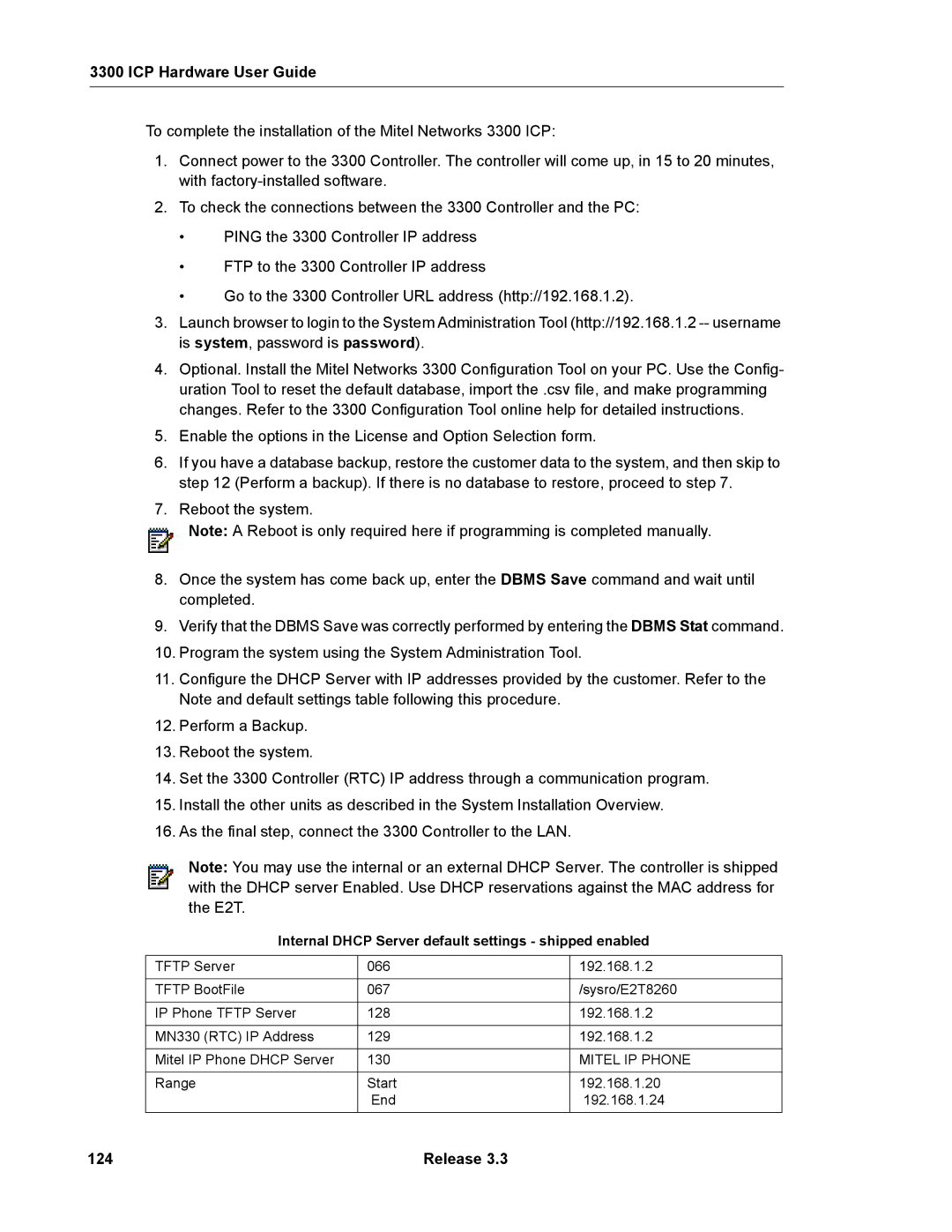 Mitel 3300 manual 124, Internal Dhcp Server default settings shipped enabled 