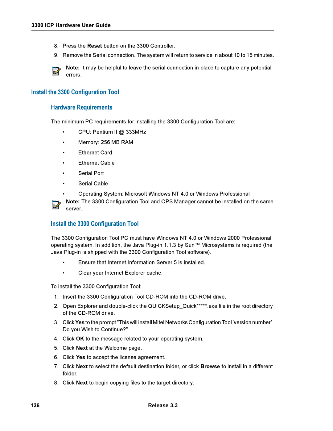 Mitel manual Install the 3300 Configuration Tool Hardware Requirements, 126 