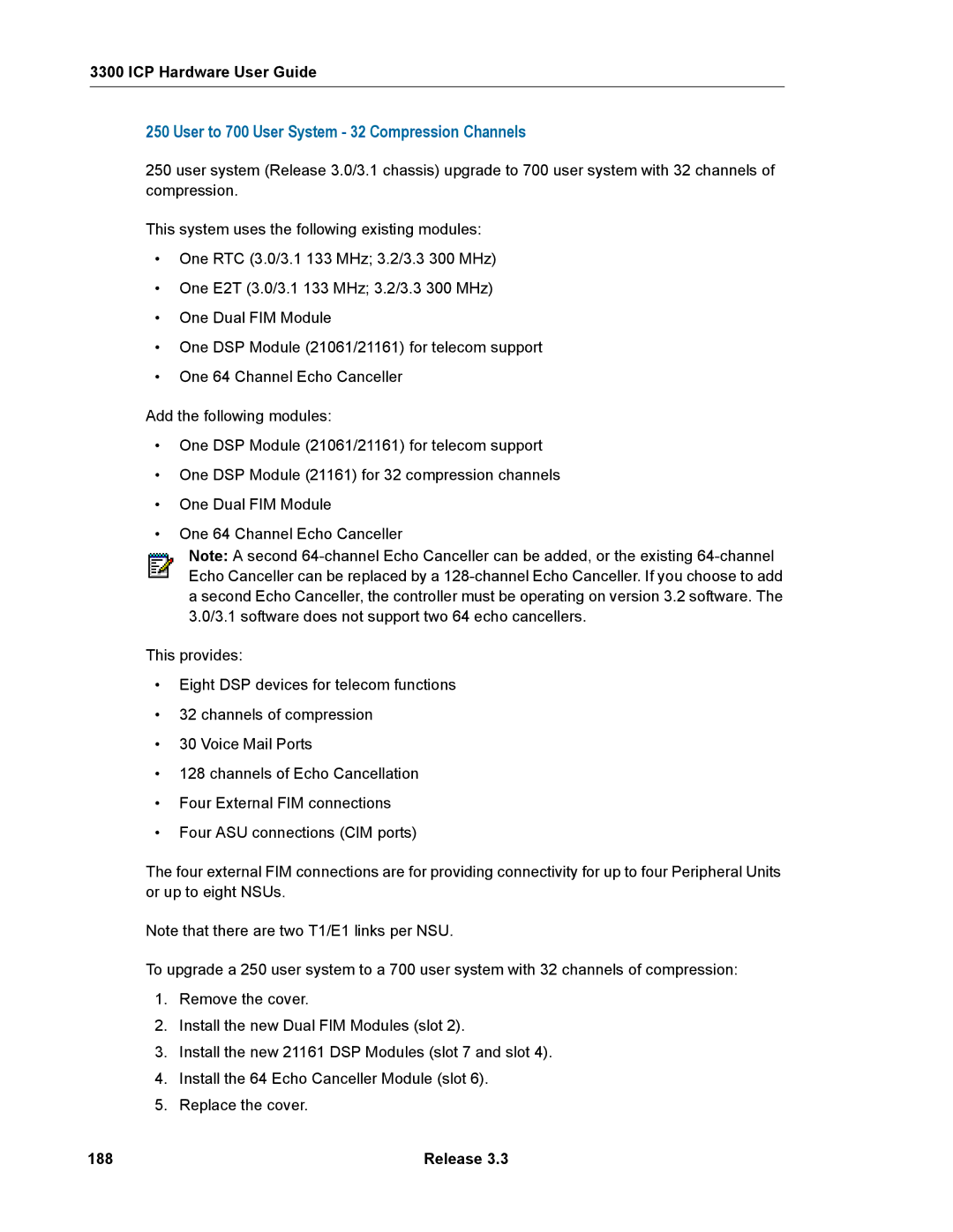 Mitel 3300 manual User to 700 User System 32 Compression Channels, 188 