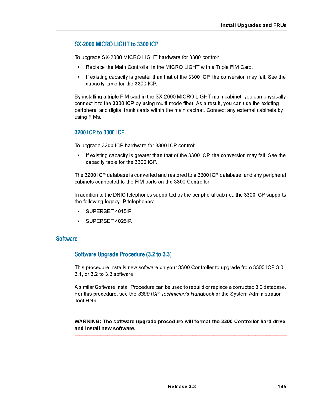 Mitel manual SX-2000 Micro Light to 3300 ICP, ICP to 3300 ICP, Software Software Upgrade Procedure 3.2 to, Release 195 