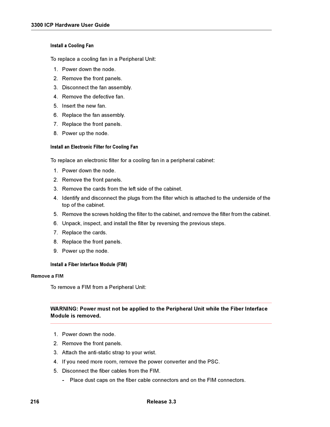 Mitel 3300 ICP Hardware User Guide Install a Cooling Fan, Install an Electronic Filter for Cooling Fan, 216, Remove a FIM 