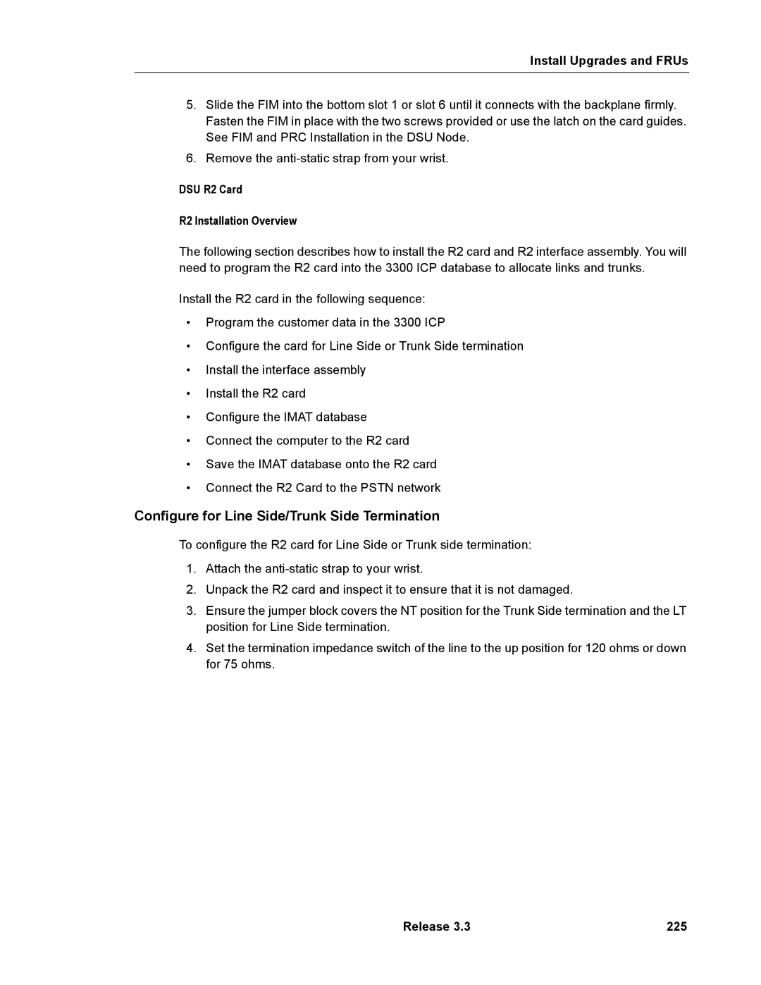 Mitel 3300 manual Configure for Line Side/Trunk Side Termination, DSU R2 Card R2 Installation Overview, Release 225 