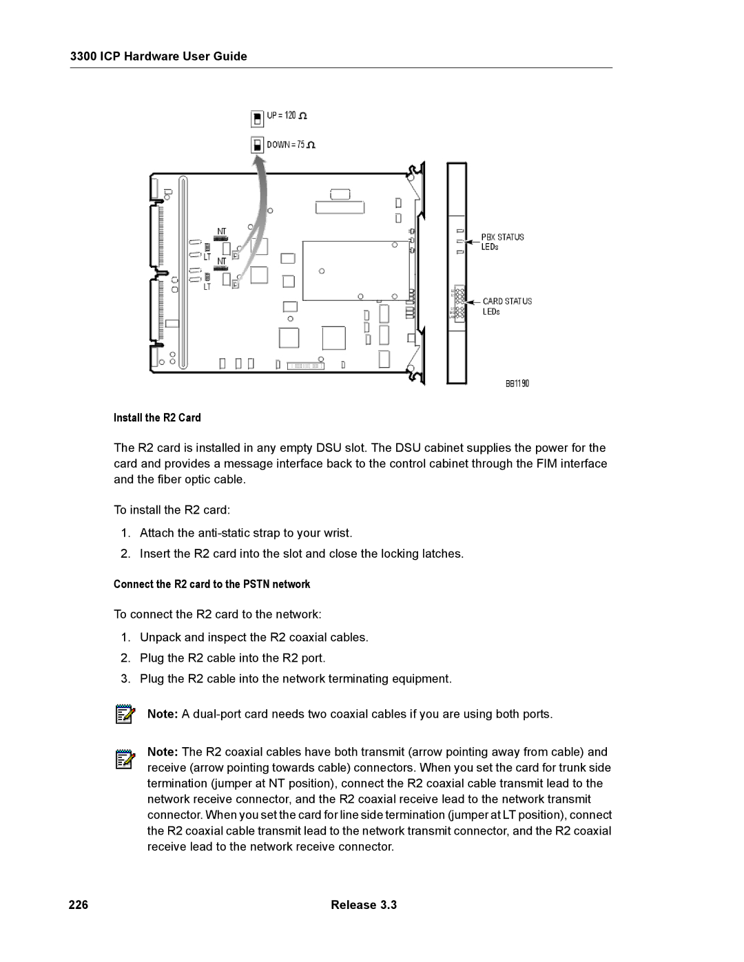 Mitel 3300 manual ICP Hardware User Guide Install the R2 Card, Connect the R2 card to the Pstn network, 226 