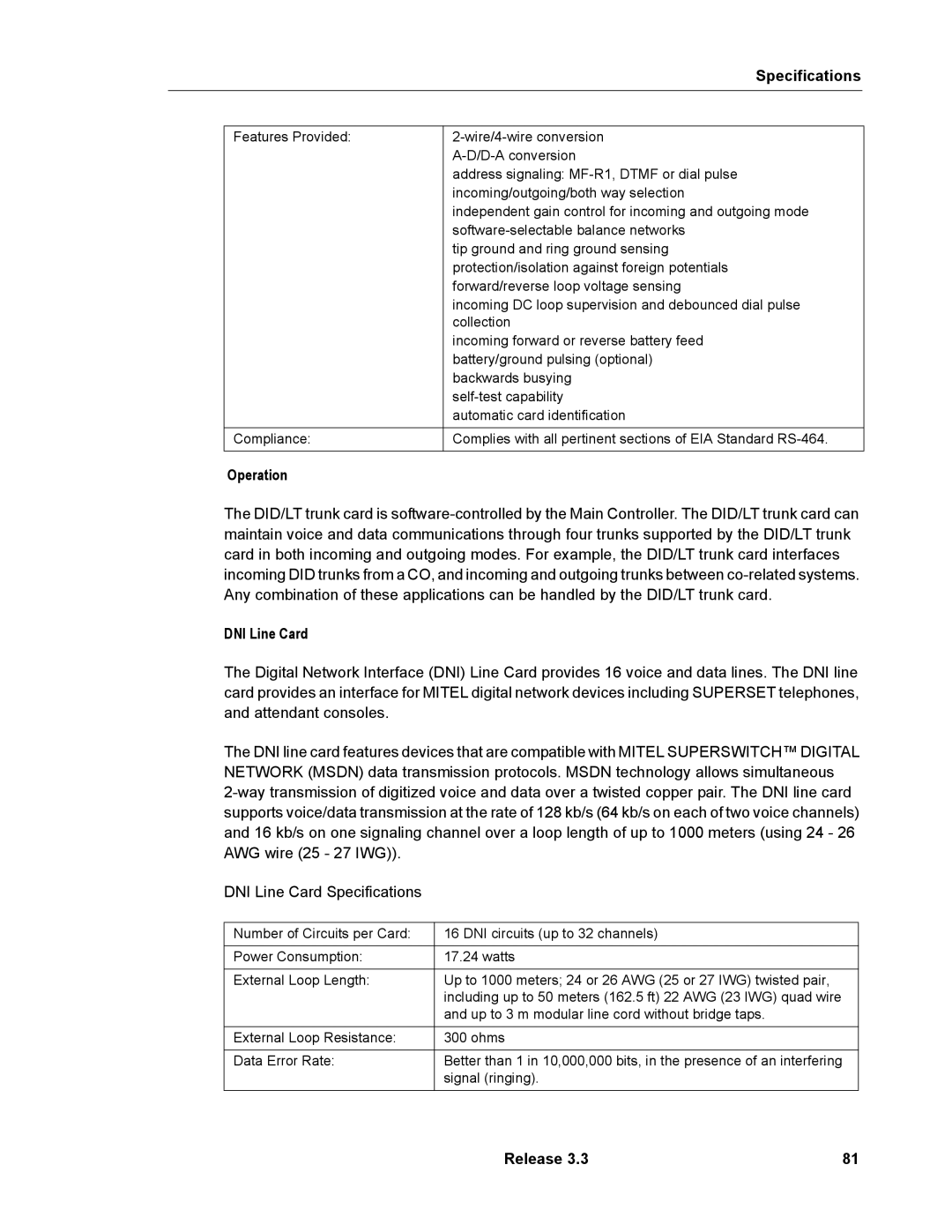 Mitel 3300 manual DNI Line Card 