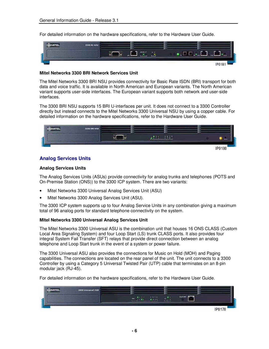 Mitel manual Analog Services Units, Mitel Networks 3300 BRI Network Services Unit 