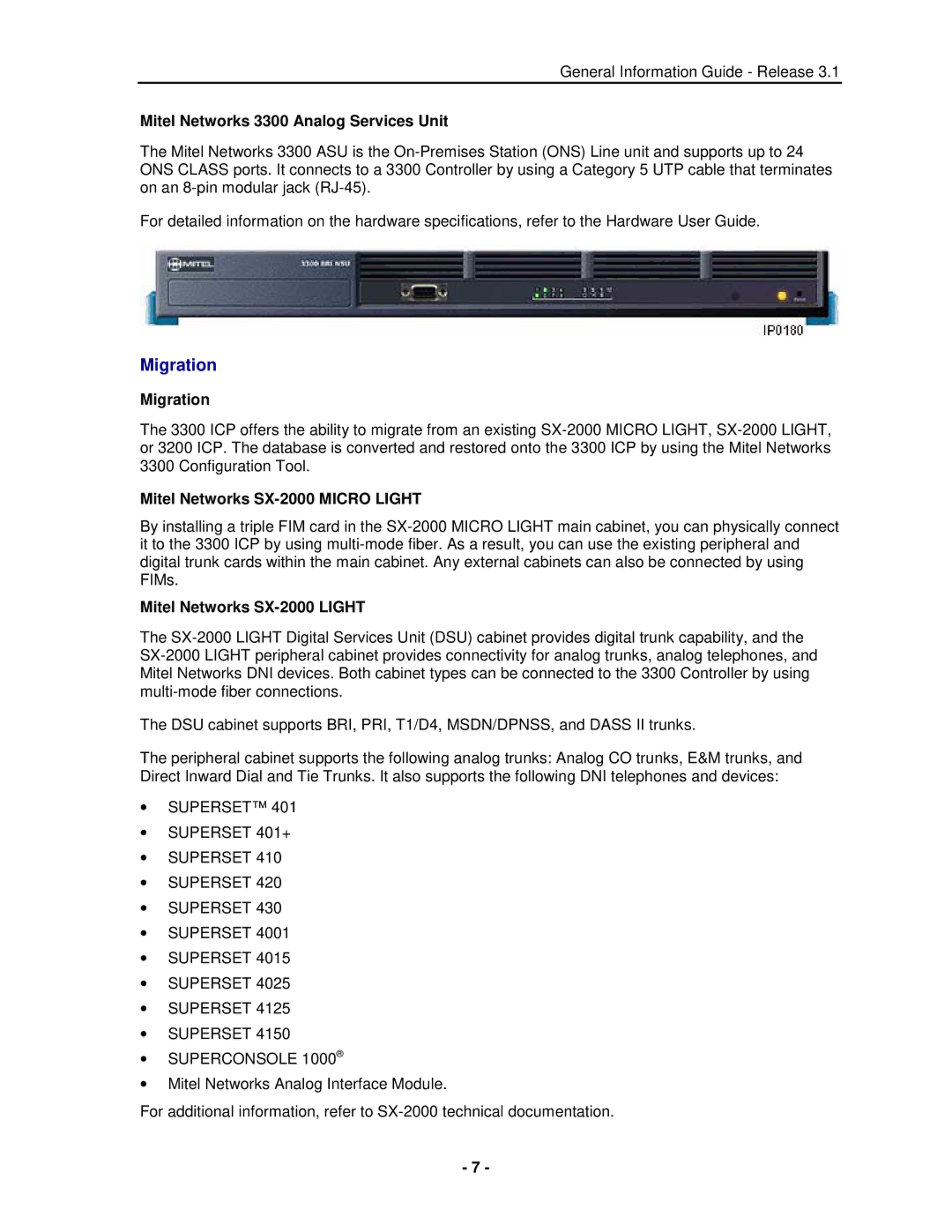 Mitel manual Migration, Mitel Networks 3300 Analog Services Unit, Mitel Networks SX-2000 Micro Light 