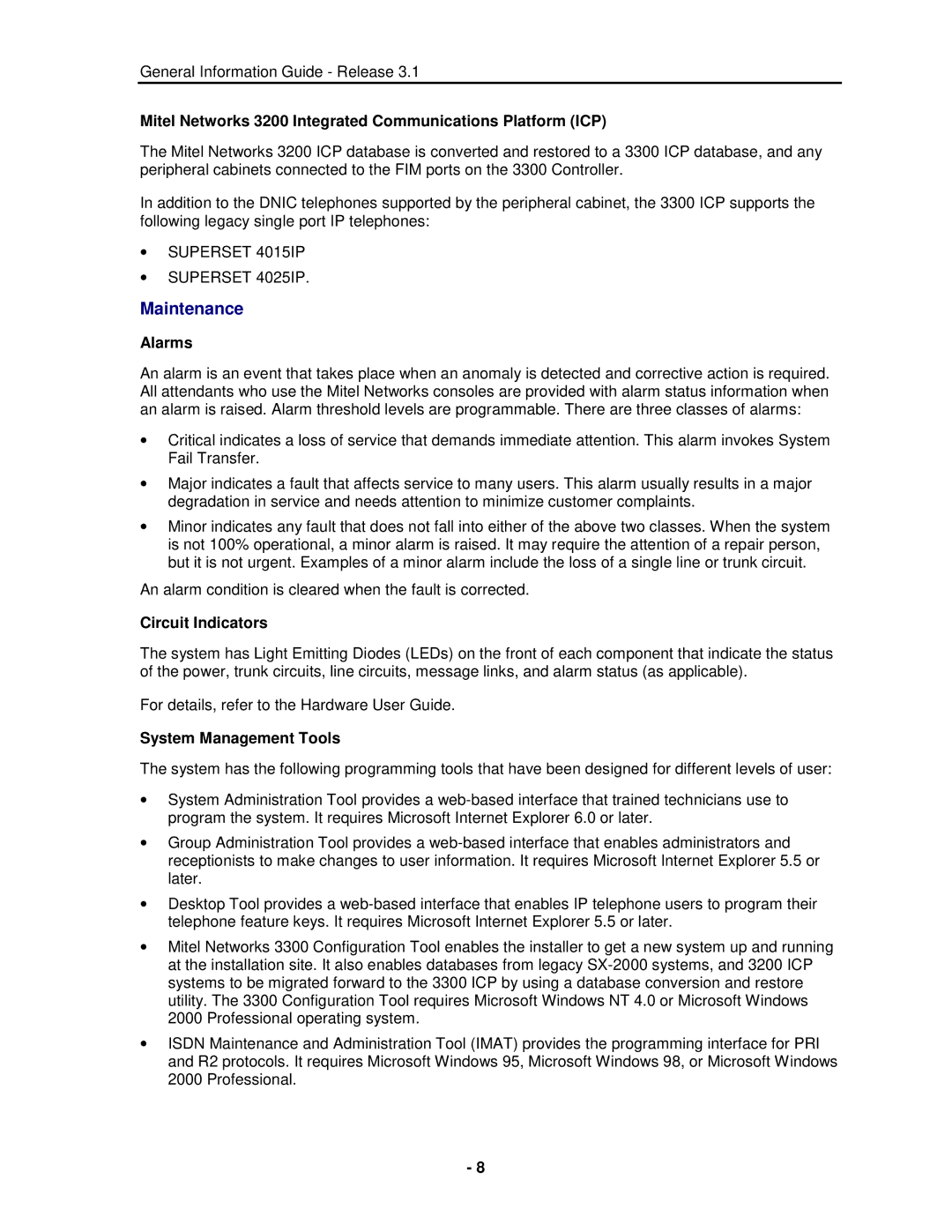 Mitel 3300 manual Maintenance, Mitel Networks 3200 Integrated Communications Platform ICP, Alarms, Circuit Indicators 