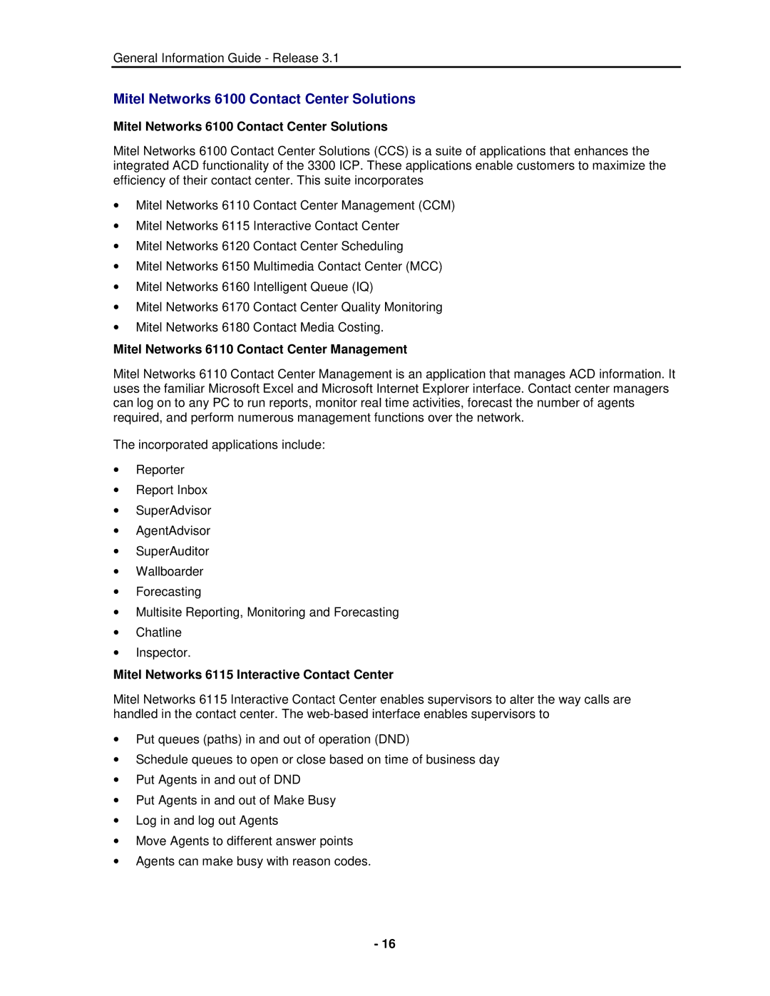 Mitel 3300 manual Mitel Networks 6100 Contact Center Solutions, Mitel Networks 6110 Contact Center Management 