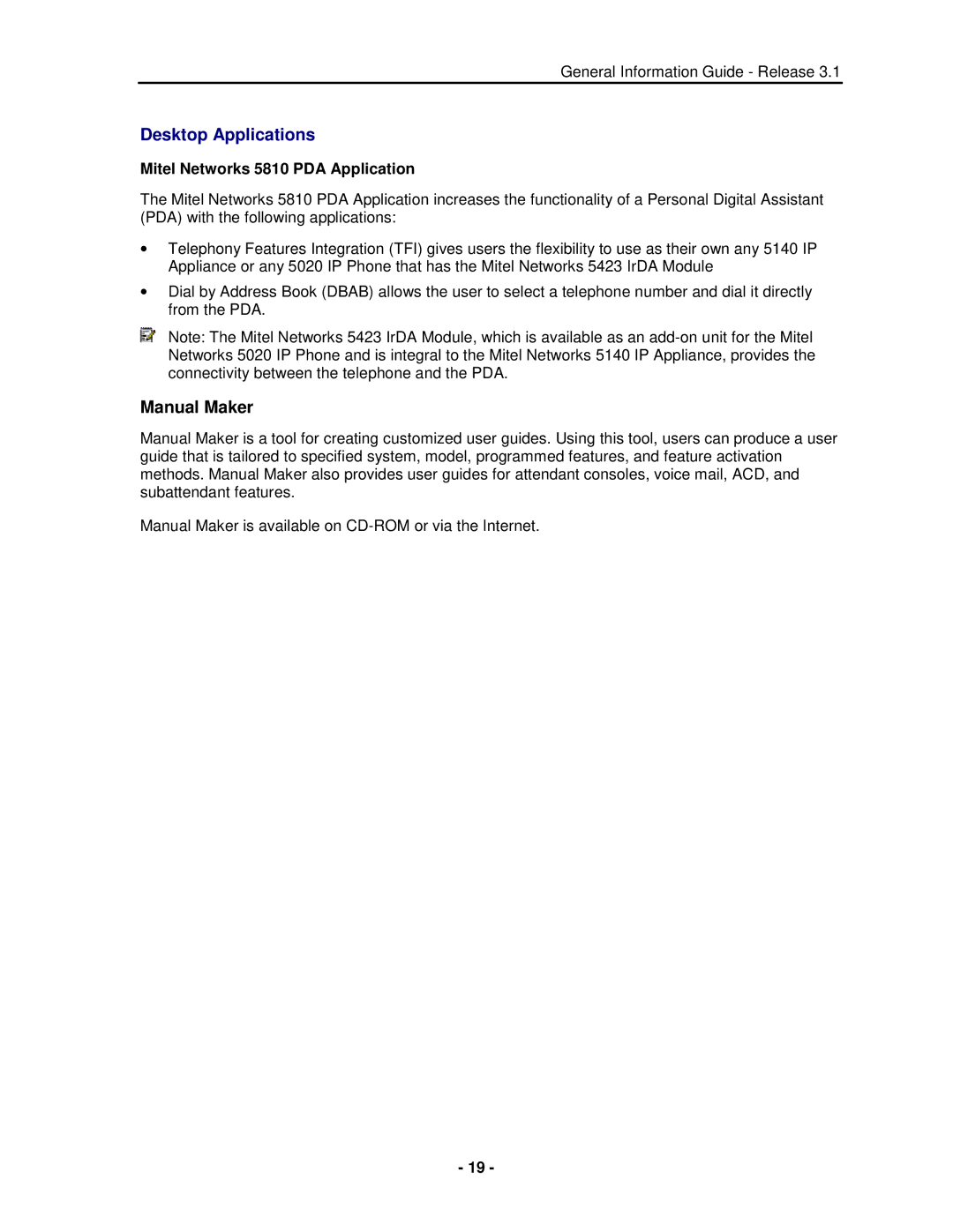 Mitel 3300 manual Desktop Applications, Mitel Networks 5810 PDA Application 